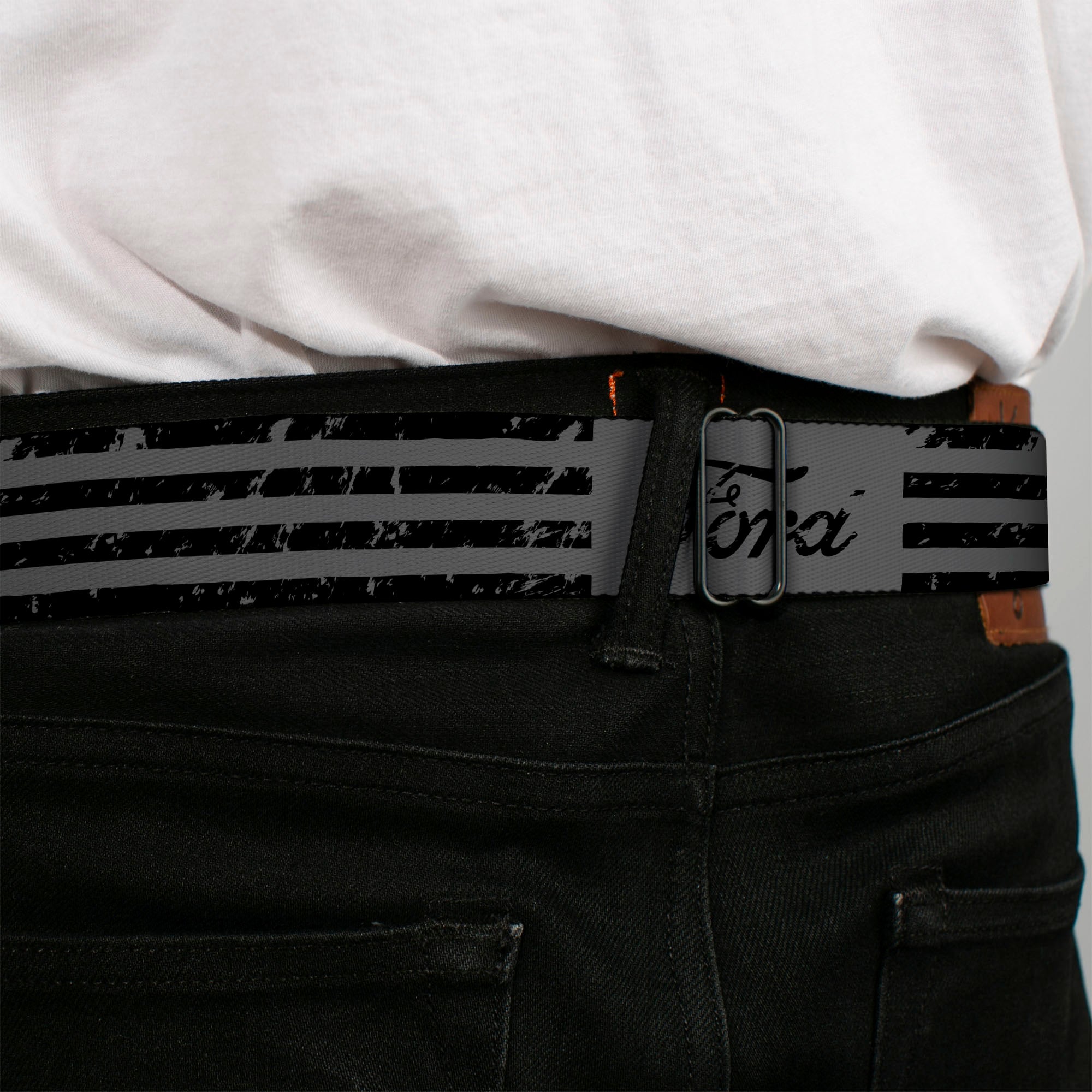 FORD Script Full Color Black/White Seatbelt Belt - FORD Script Stripe Blocks Weathered Gray/Black Webbing Seatbelt Belts Ford