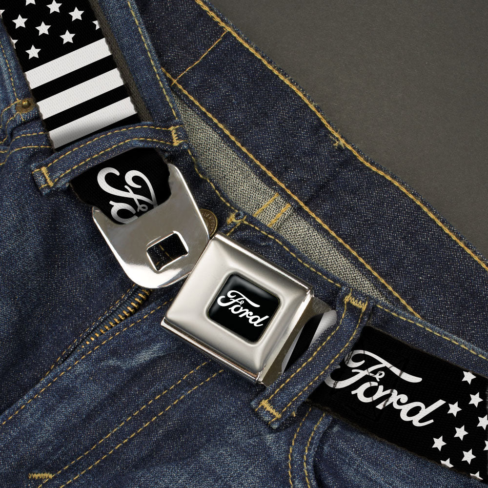 FORD Script Full Color Black/White Seatbelt Belt - FORD Script Americana Stars and Stripes Black/White Webbing Seatbelt Belts Ford
