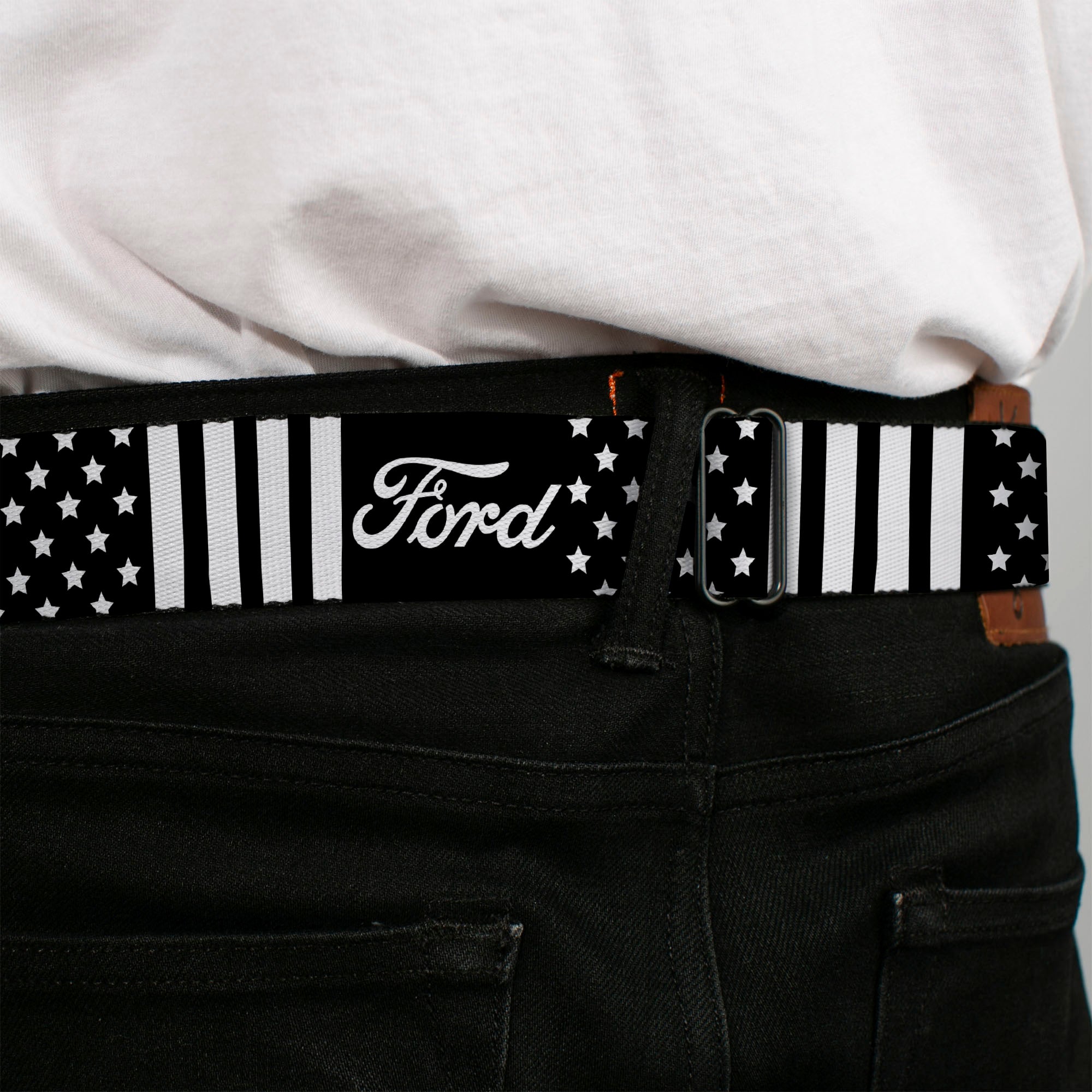 FORD Script Full Color Black/White Seatbelt Belt - FORD Script Americana Stars and Stripes Black/White Webbing Seatbelt Belts Ford
