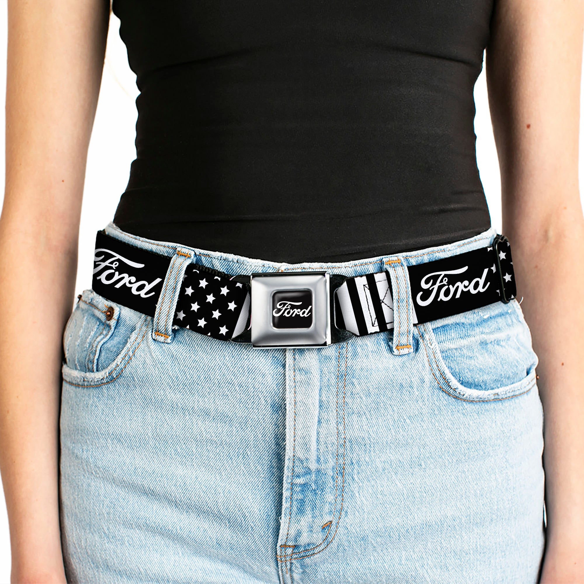 FORD Script Full Color Black/White Seatbelt Belt - FORD Script Americana Stars and Stripes Black/White Webbing Seatbelt Belts Ford