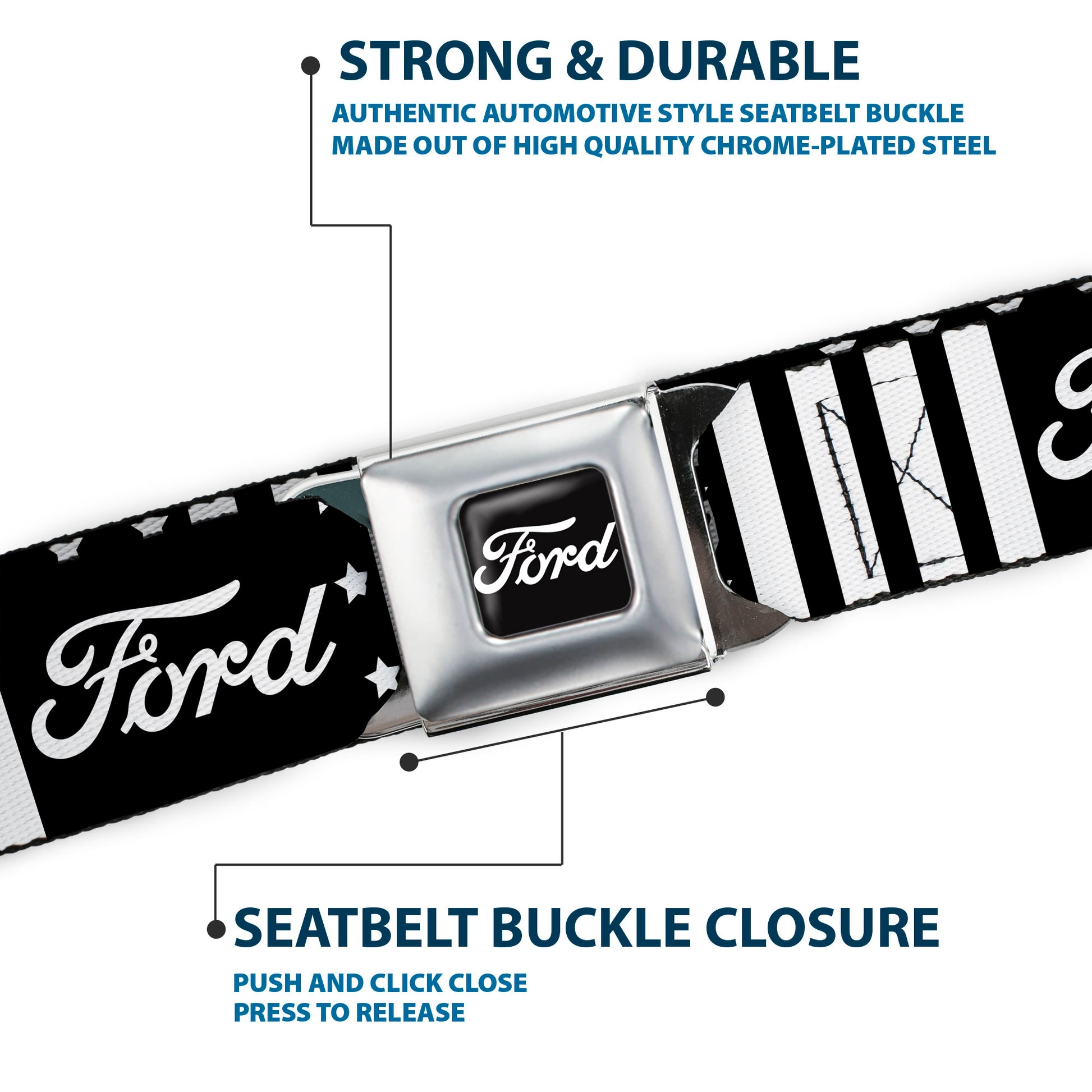 FORD Script Full Color Black/White Seatbelt Belt - FORD Script Americana Stars and Stripes Black/White Webbing Seatbelt Belts Ford