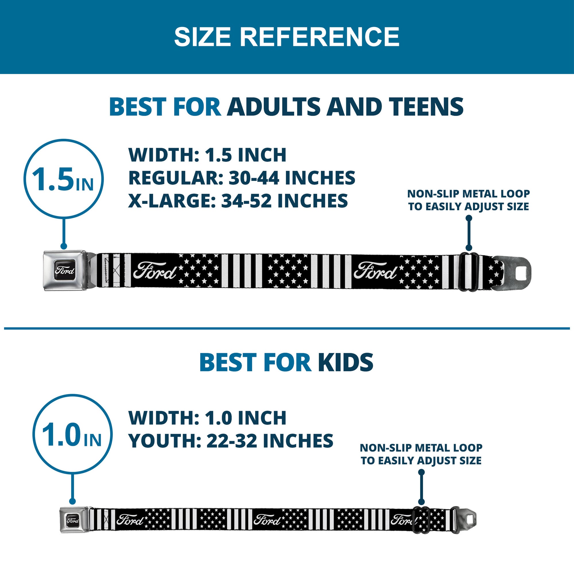 FORD Script Full Color Black/White Seatbelt Belt - FORD Script Americana Stars and Stripes Black/White Webbing Seatbelt Belts Ford