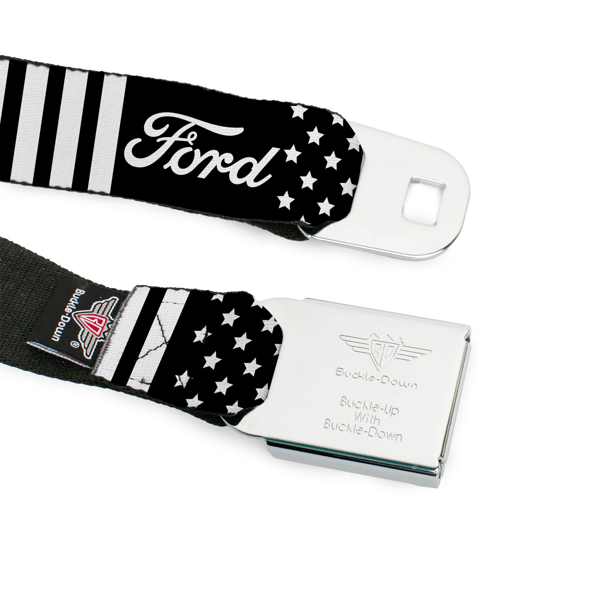 FORD Script Full Color Black/White Seatbelt Belt - FORD Script Americana Stars and Stripes Black/White Webbing Seatbelt Belts Ford