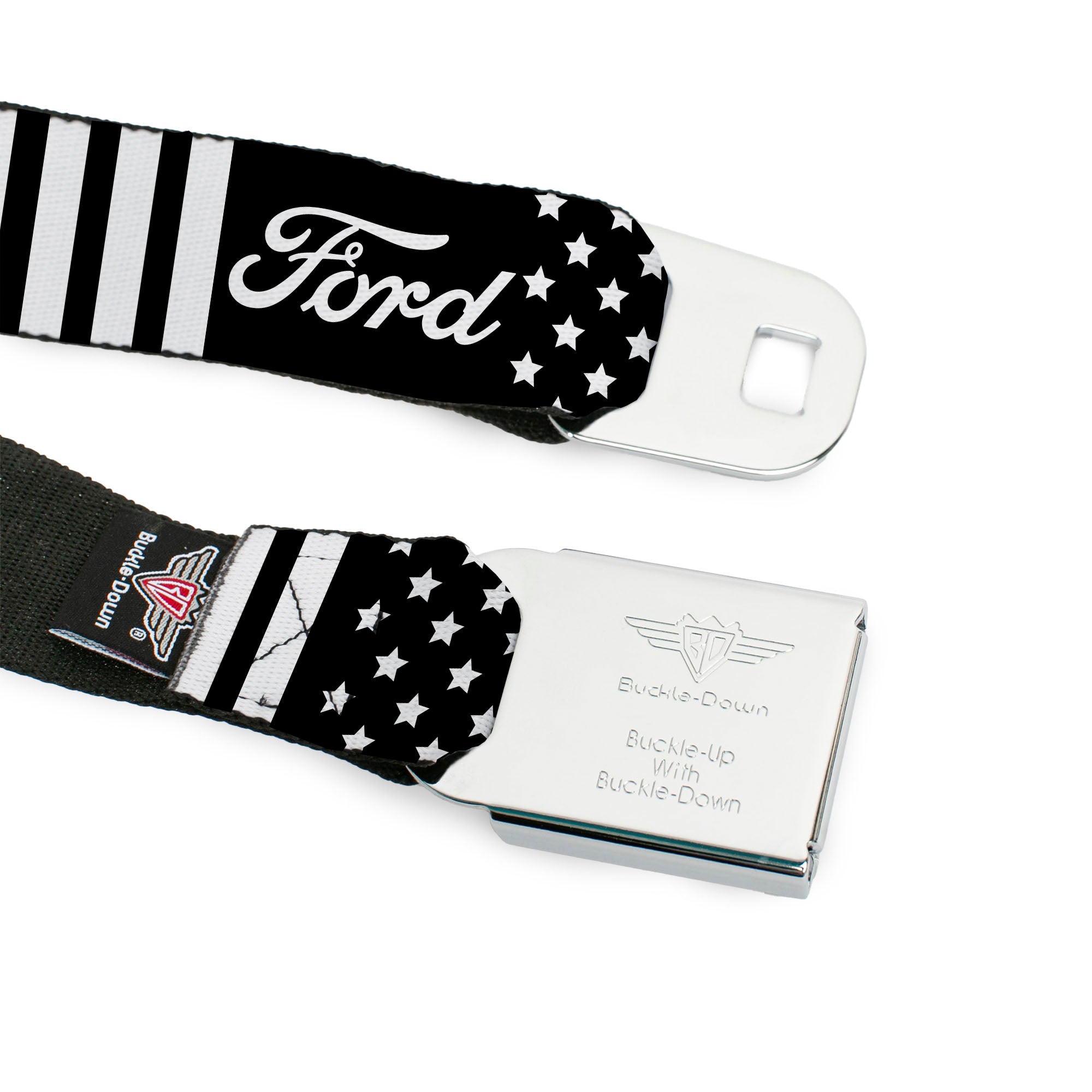 FORD Script Full Color Black/White Seatbelt Belt - FORD Script Americana Stars and Stripes Black/White Webbing Seatbelt Belts Ford