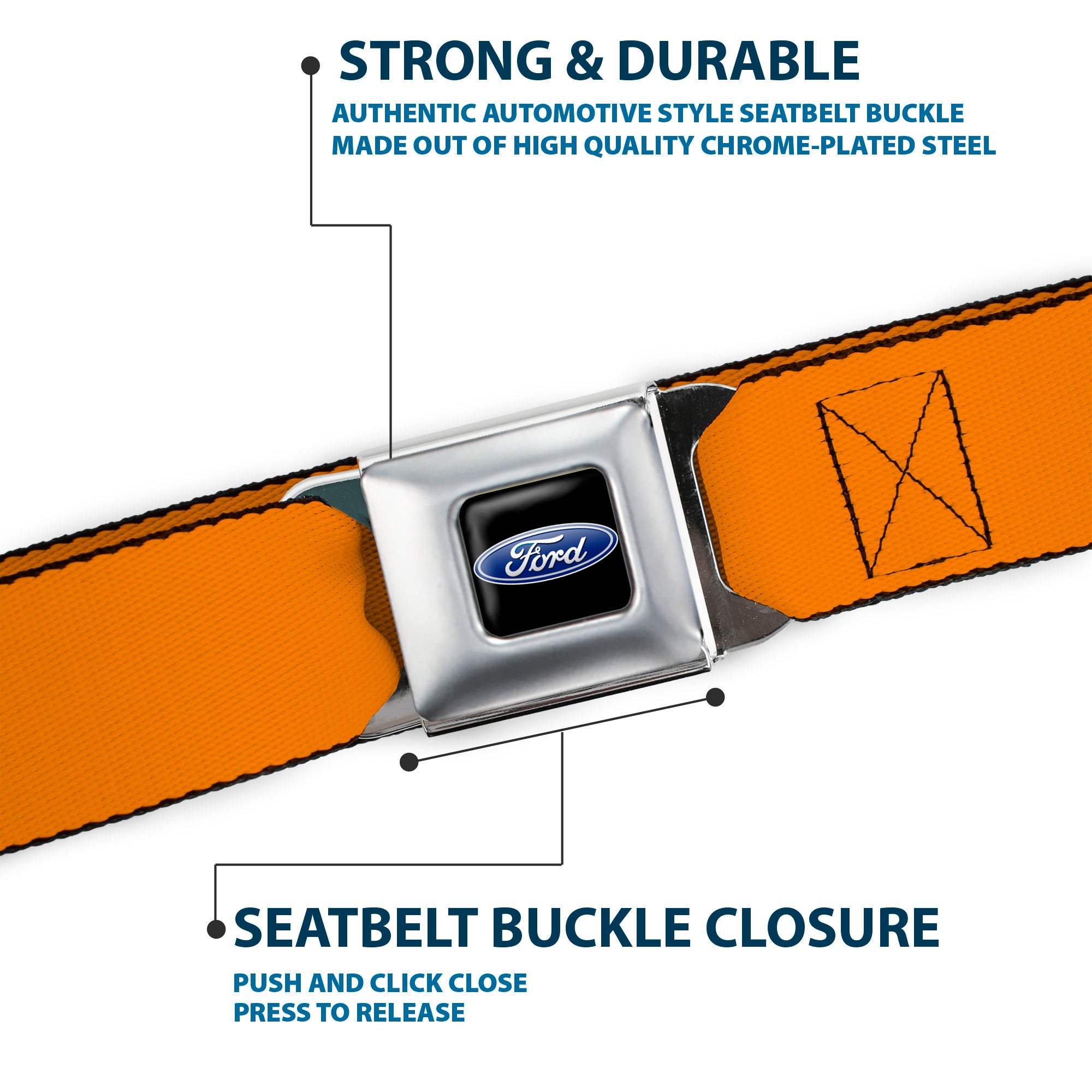 Ford Oval Full Color Black/Blue Seatbelt Belt - Orange Webbing Seatbelt Belts Ford