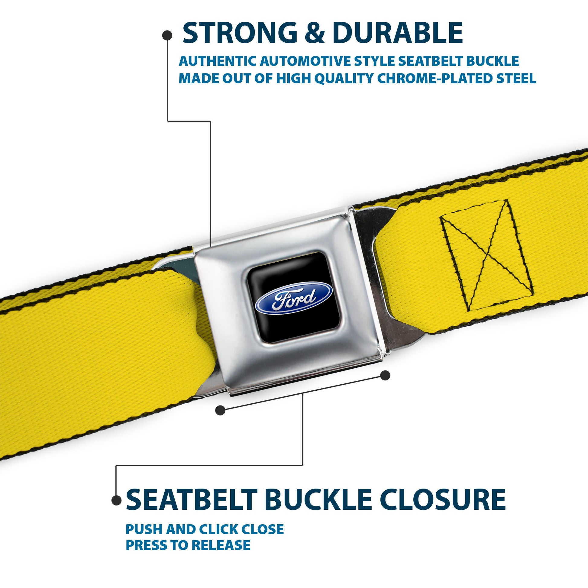 Ford Oval Full Color Black/Blue Seatbelt Belt - Yellow Webbing Seatbelt Belts Ford