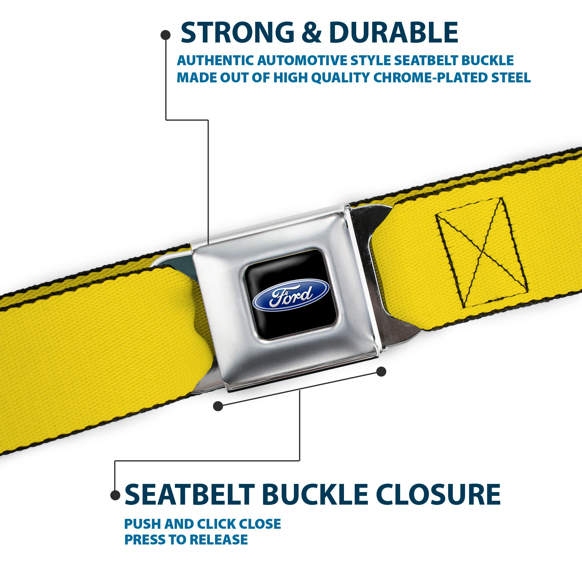 Ford Oval Full Color Black/Blue Seatbelt Belt - Yellow Webbing Seatbelt Belts Ford