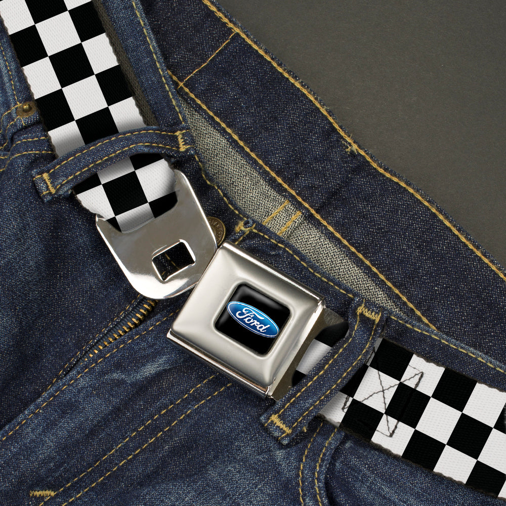 Ford Oval Full Color Black/Blue Seatbelt Belt - Checker Black/White Webbing Seatbelt Belts Ford
