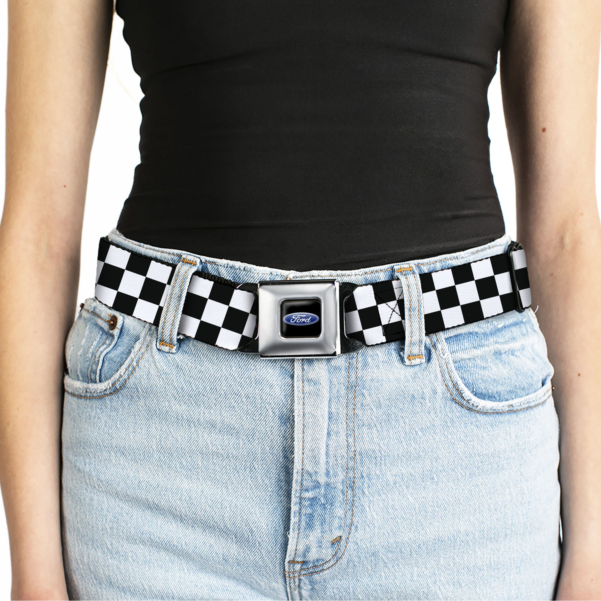 Ford Oval Full Color Black/Blue Seatbelt Belt - Checker Black/White Webbing Seatbelt Belts Ford
