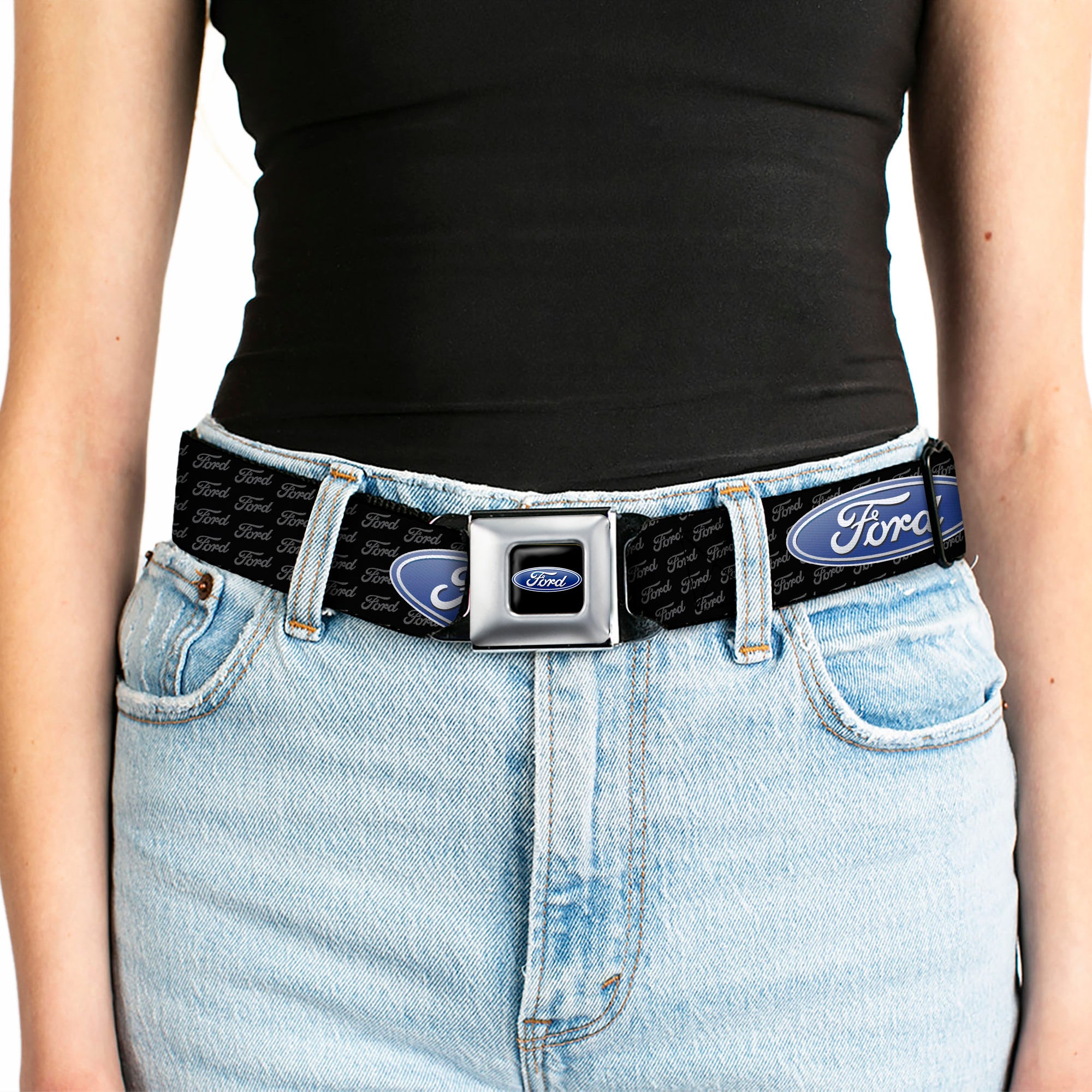 Ford Oval Full Color Black Blue Seatbelt Belt - Ford Oval REPEAT w/Text Webbing Seatbelt Belts Ford