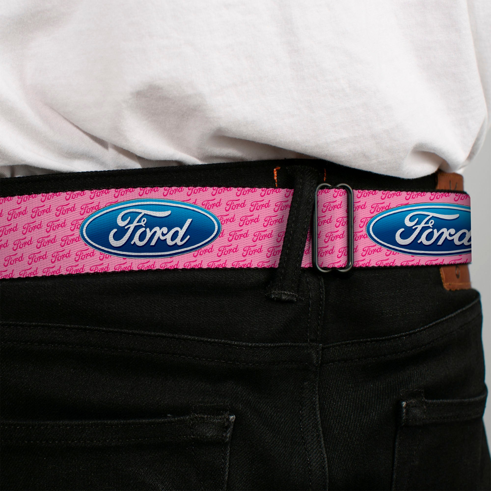 Ford Oval Full Color Black Blue Seatbelt Belt - Ford Oval w/Text PINK REPEAT Webbing Seatbelt Belts Ford