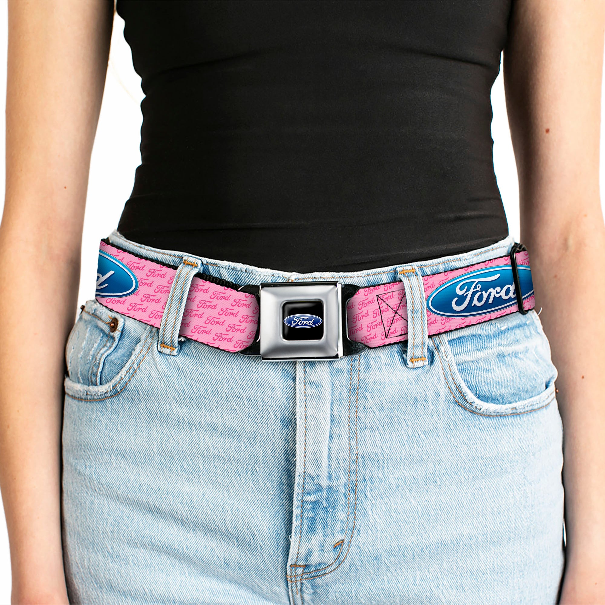 Ford Oval Full Color Black Blue Seatbelt Belt - Ford Oval w/Text PINK REPEAT Webbing Seatbelt Belts Ford