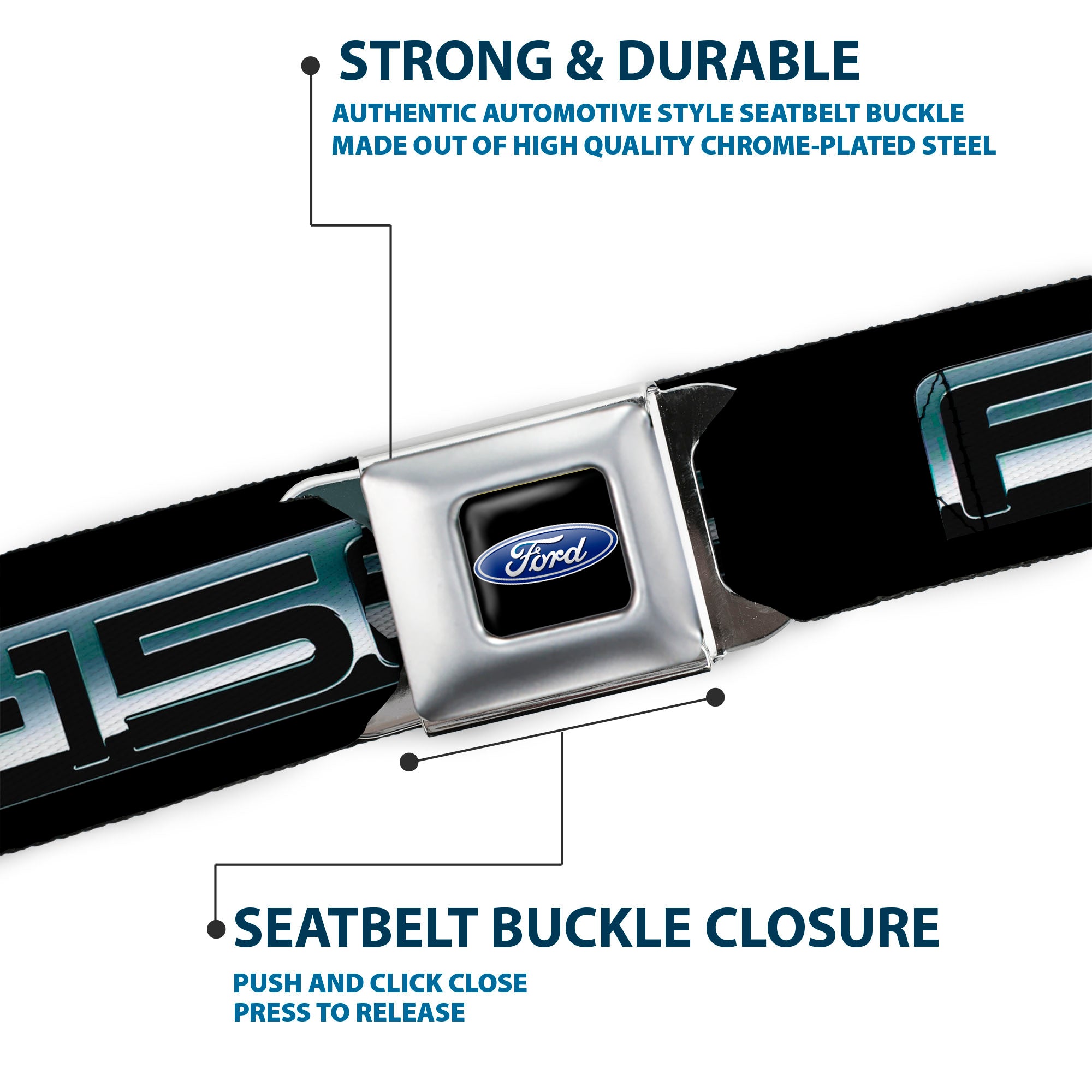 Ford Oval Full Color Black Blue Seatbelt Belt - F-150 Emblem Black/Silver-Fade Webbing Seatbelt Belts Ford