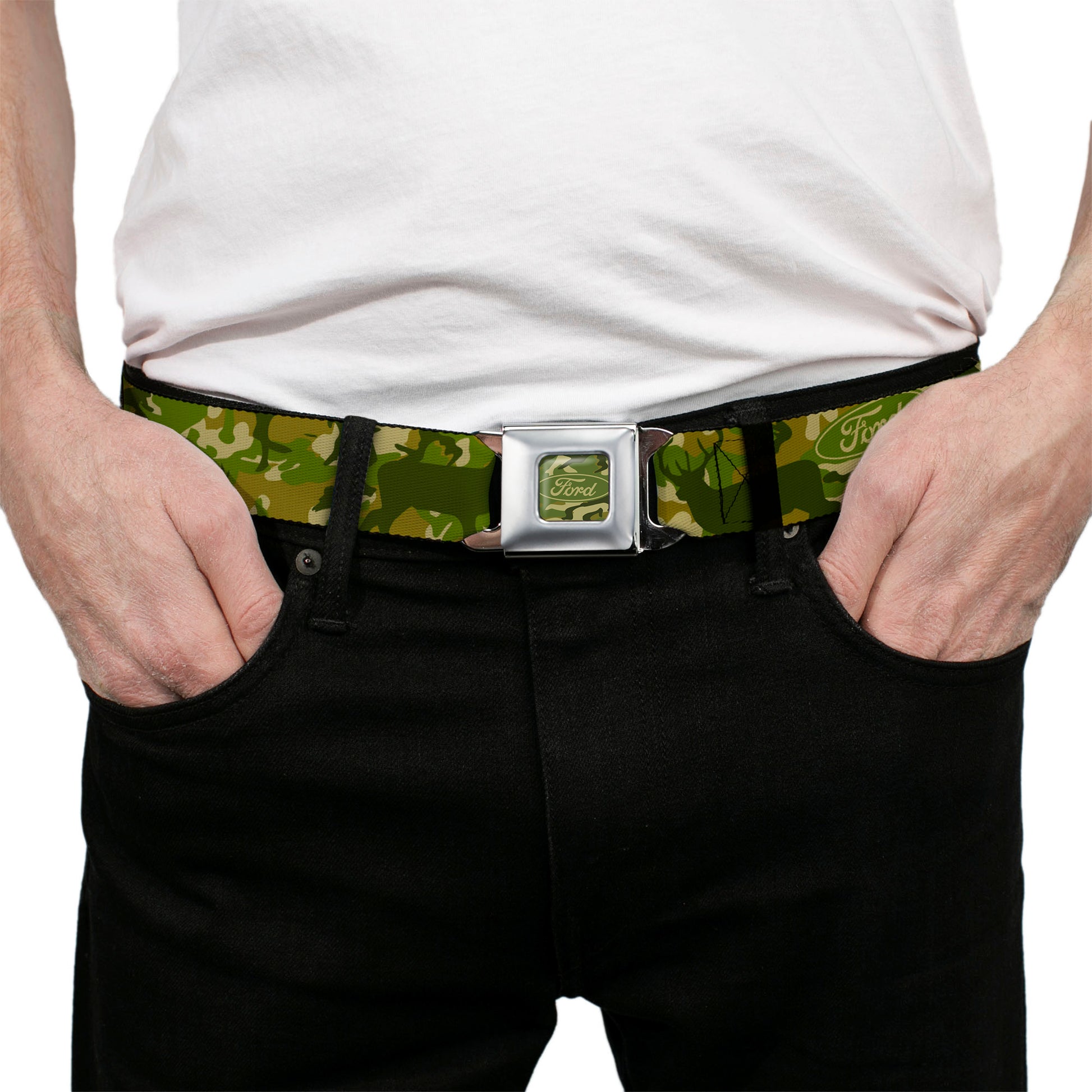 FORD Oval Full Color Deer Hunter Camo Olive Seatbelt Belt - FORD Deer Hunter Camo Olive Webbing Seatbelt Belts Ford