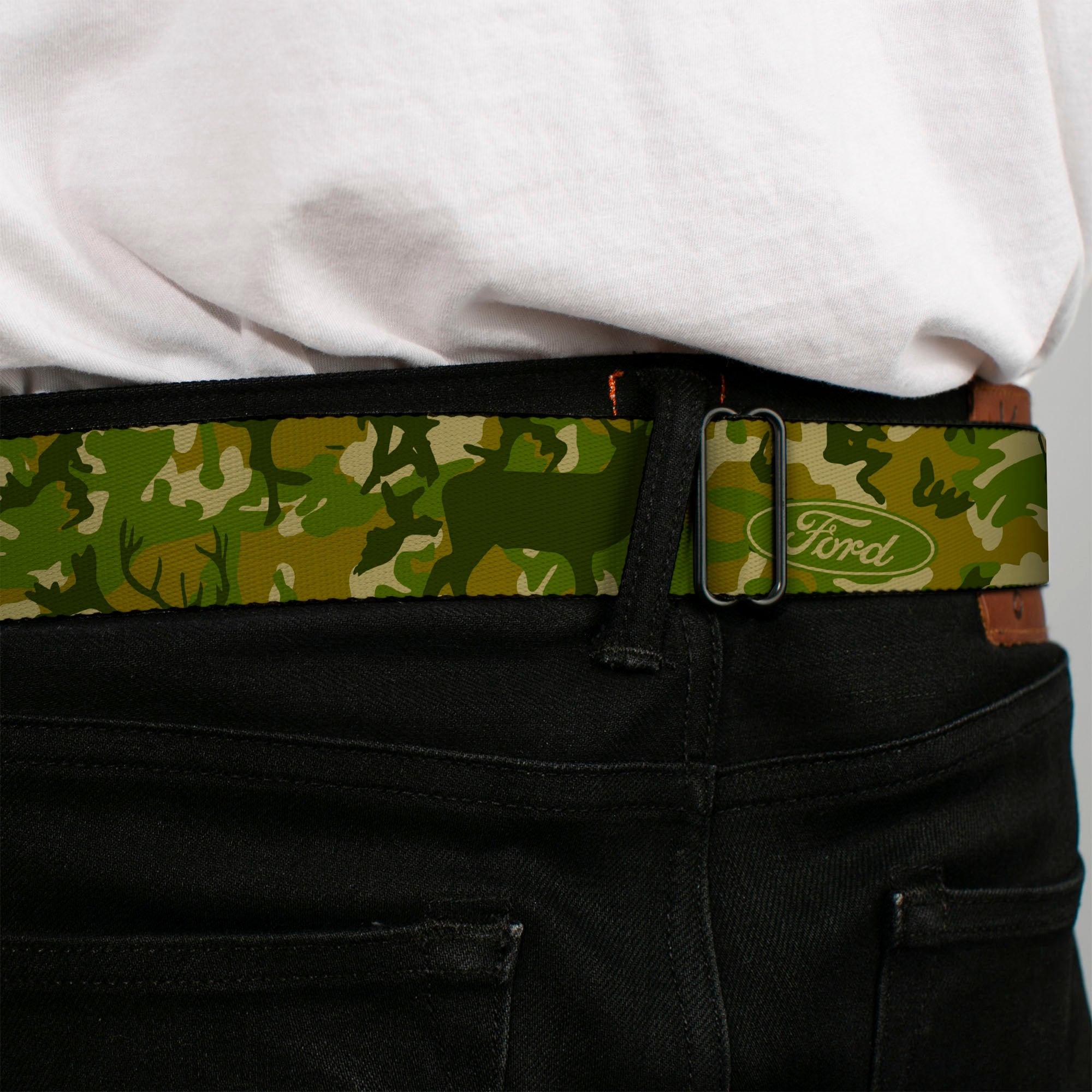 FORD Oval Full Color Deer Hunter Camo Olive Seatbelt Belt - FORD Deer Hunter Camo Olive Webbing Seatbelt Belts Ford