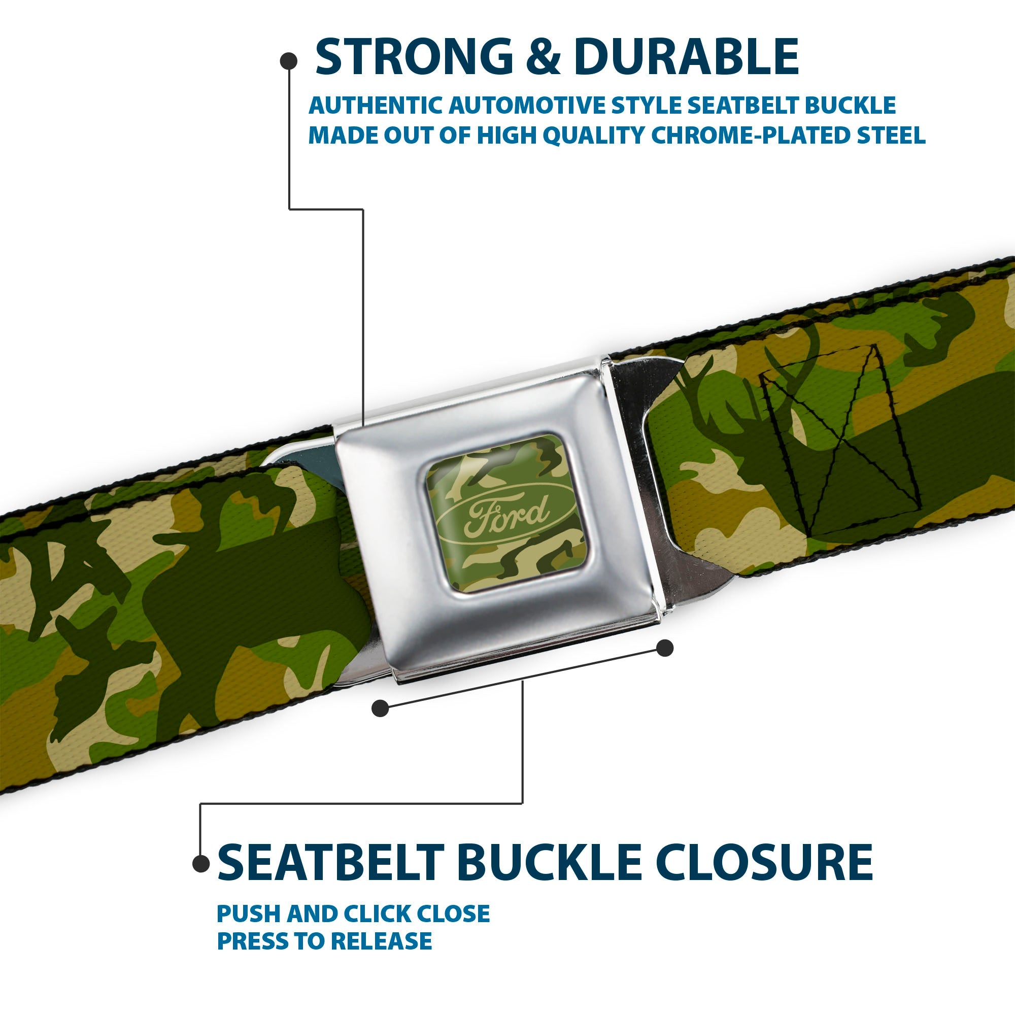 FORD Oval Full Color Deer Hunter Camo Olive Seatbelt Belt - FORD Deer Hunter Camo Olive Webbing Seatbelt Belts Ford