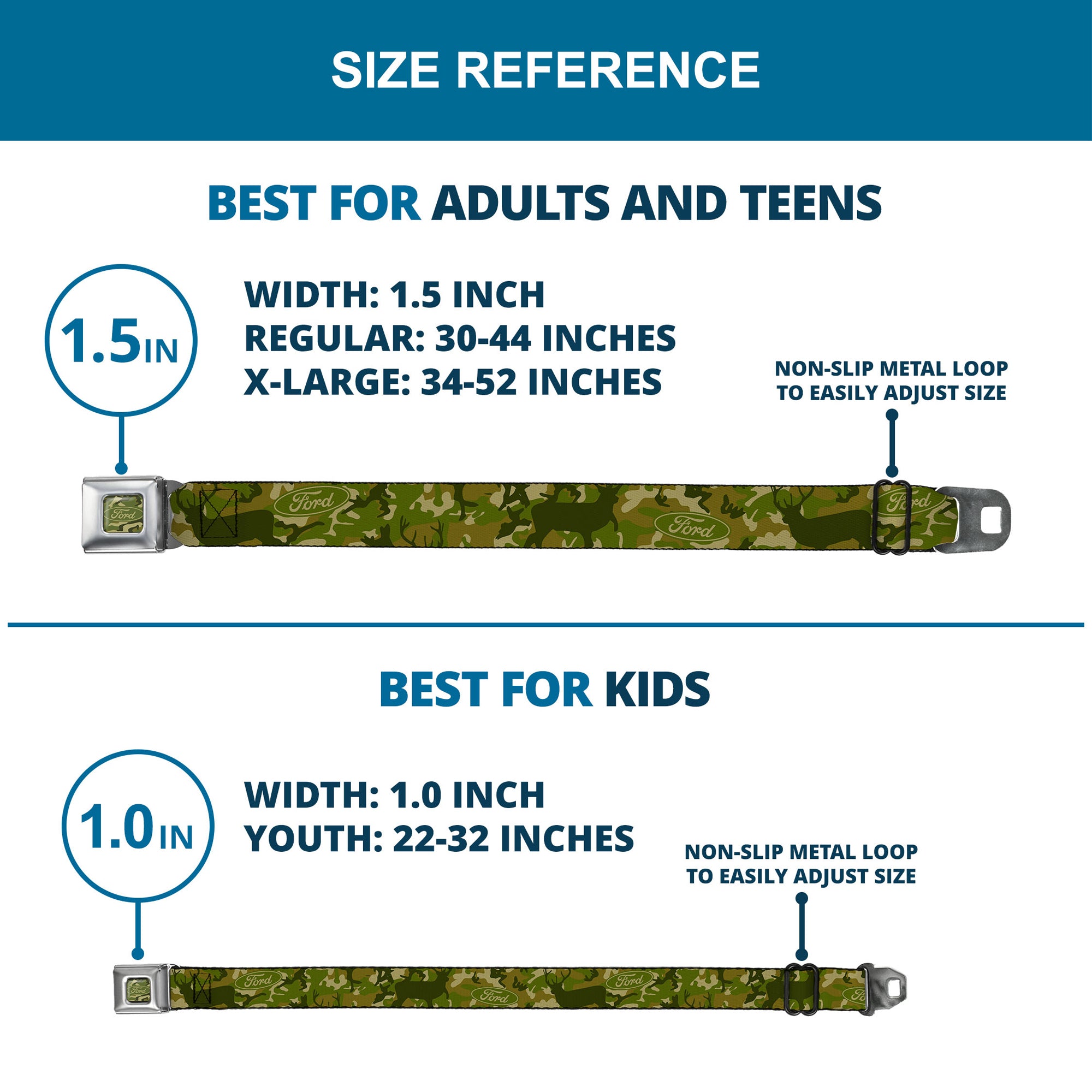 FORD Oval Full Color Deer Hunter Camo Olive Seatbelt Belt - FORD Deer Hunter Camo Olive Webbing Seatbelt Belts Ford