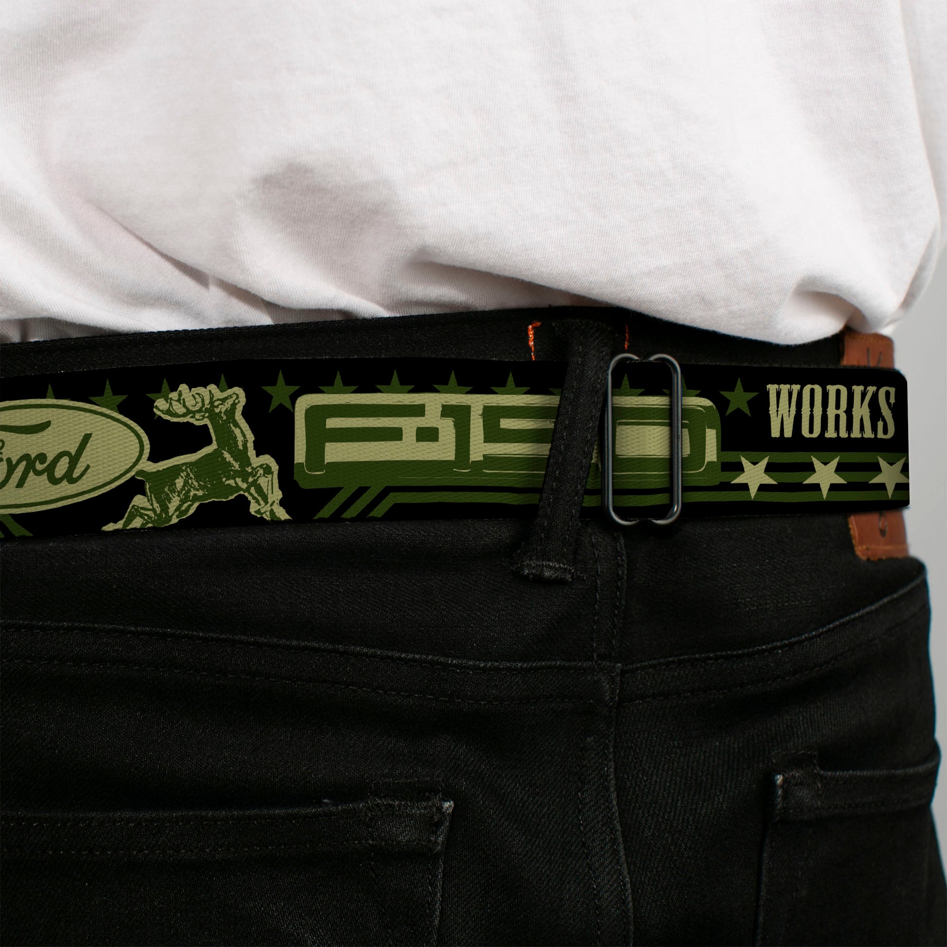 FORD Oval Full Color Black Tan Olive Seatbelt Belt - FORD F-150 WORKS HARD, PLAYS HARDER./Stars Black/Tan/Olive Webbing Seatbelt Belts Ford