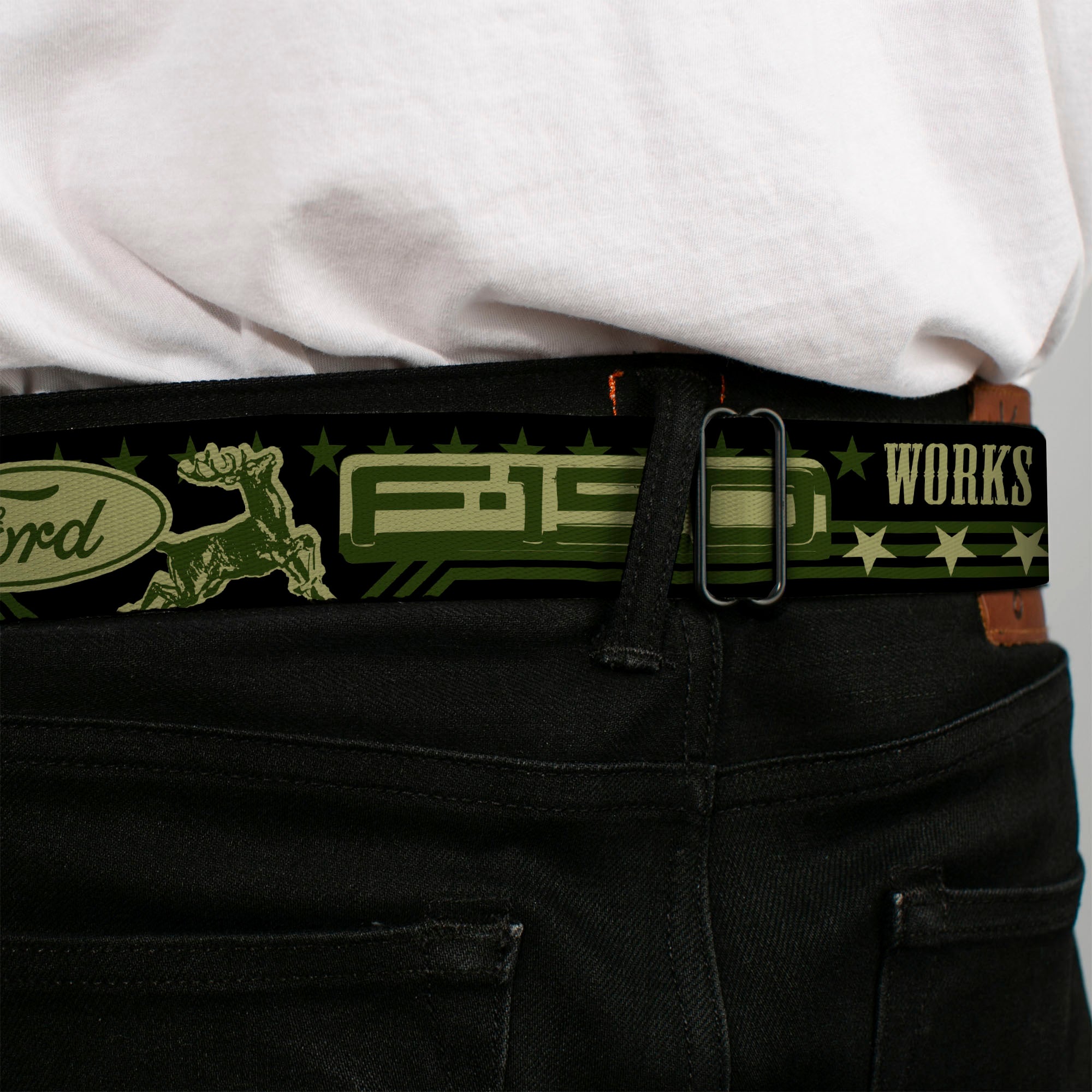 FORD Oval Full Color Black Tan Olive Seatbelt Belt - FORD F-150 WORKS HARD, PLAYS HARDER./Stars Black/Tan/Olive Webbing Seatbelt Belts Ford