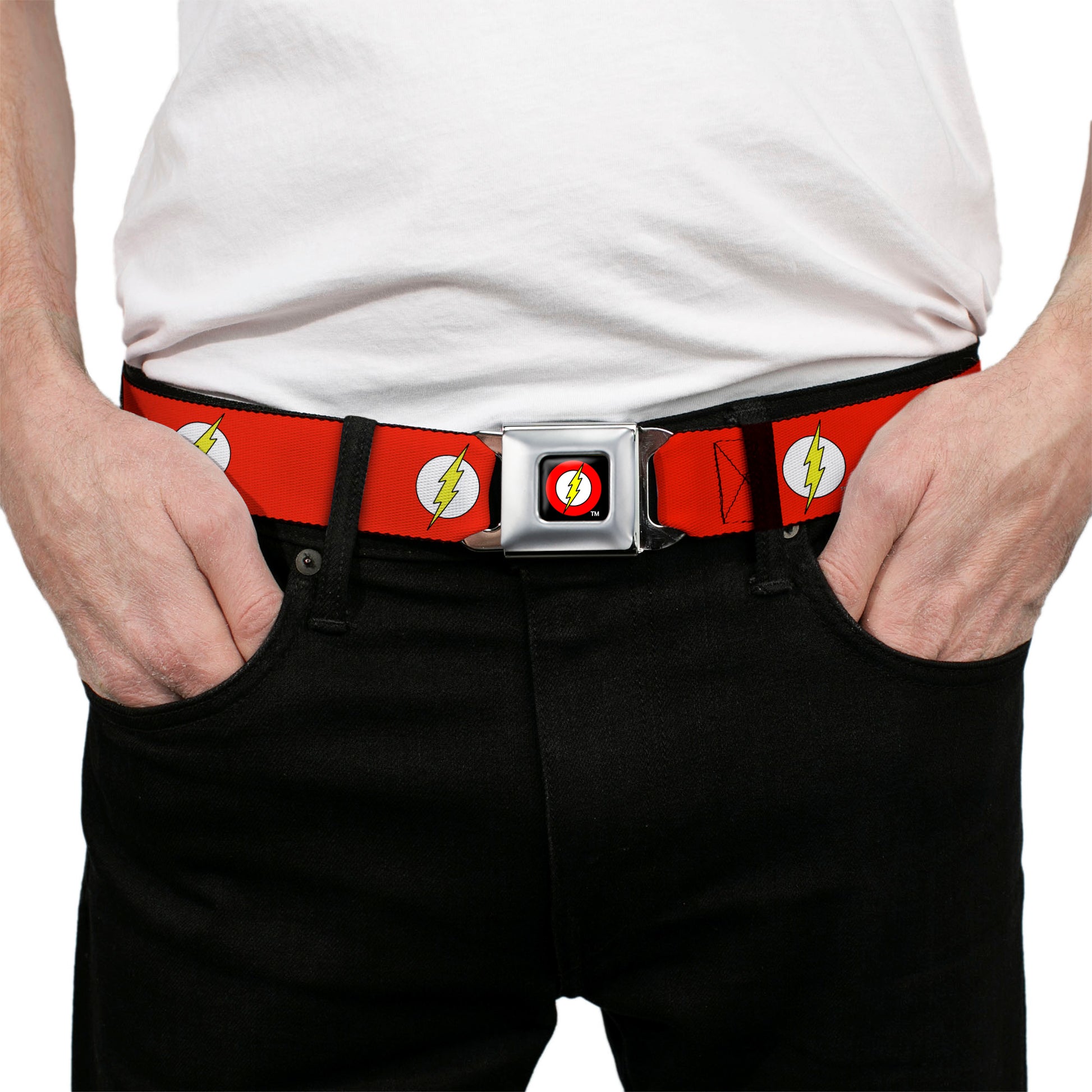 Flash Logo Full Color Black Seatbelt Belt - Flash Logo Red/White/Yellow Webbing Seatbelt Belts Buckle-Down