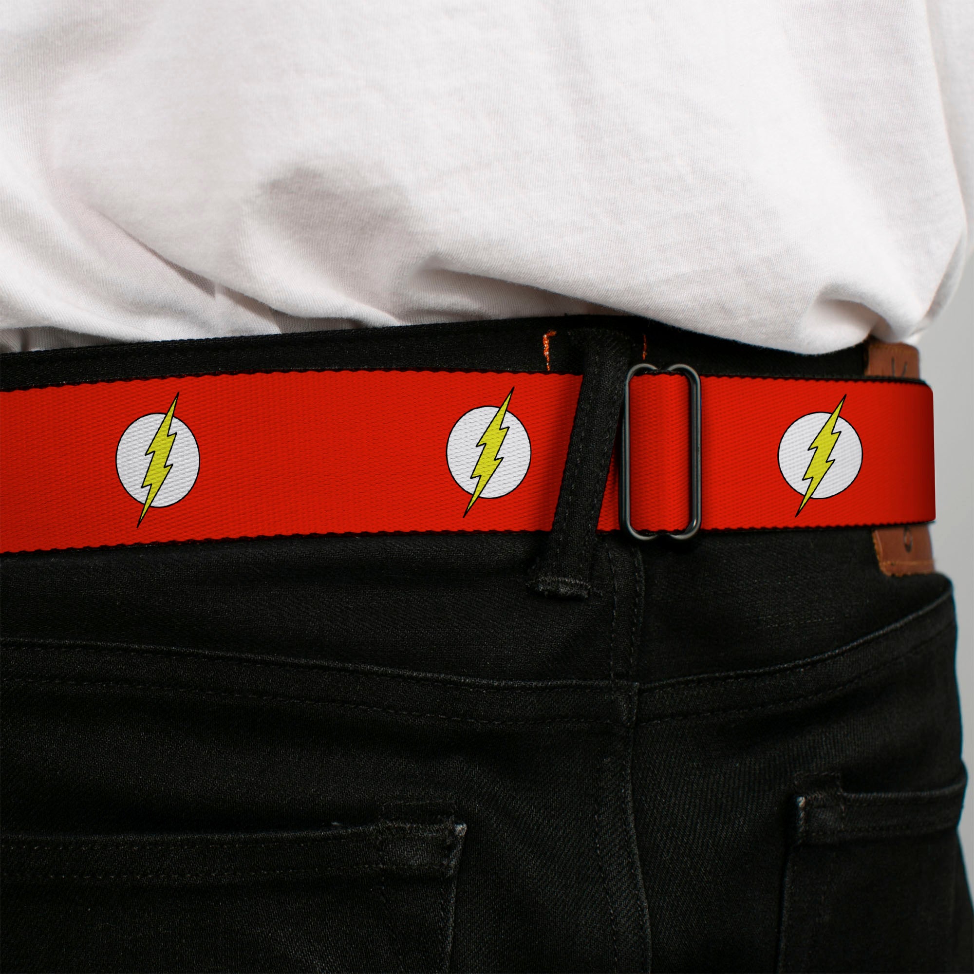 Flash Logo Full Color Black Seatbelt Belt - Flash Logo Red/White/Yellow Webbing Seatbelt Belts Buckle-Down