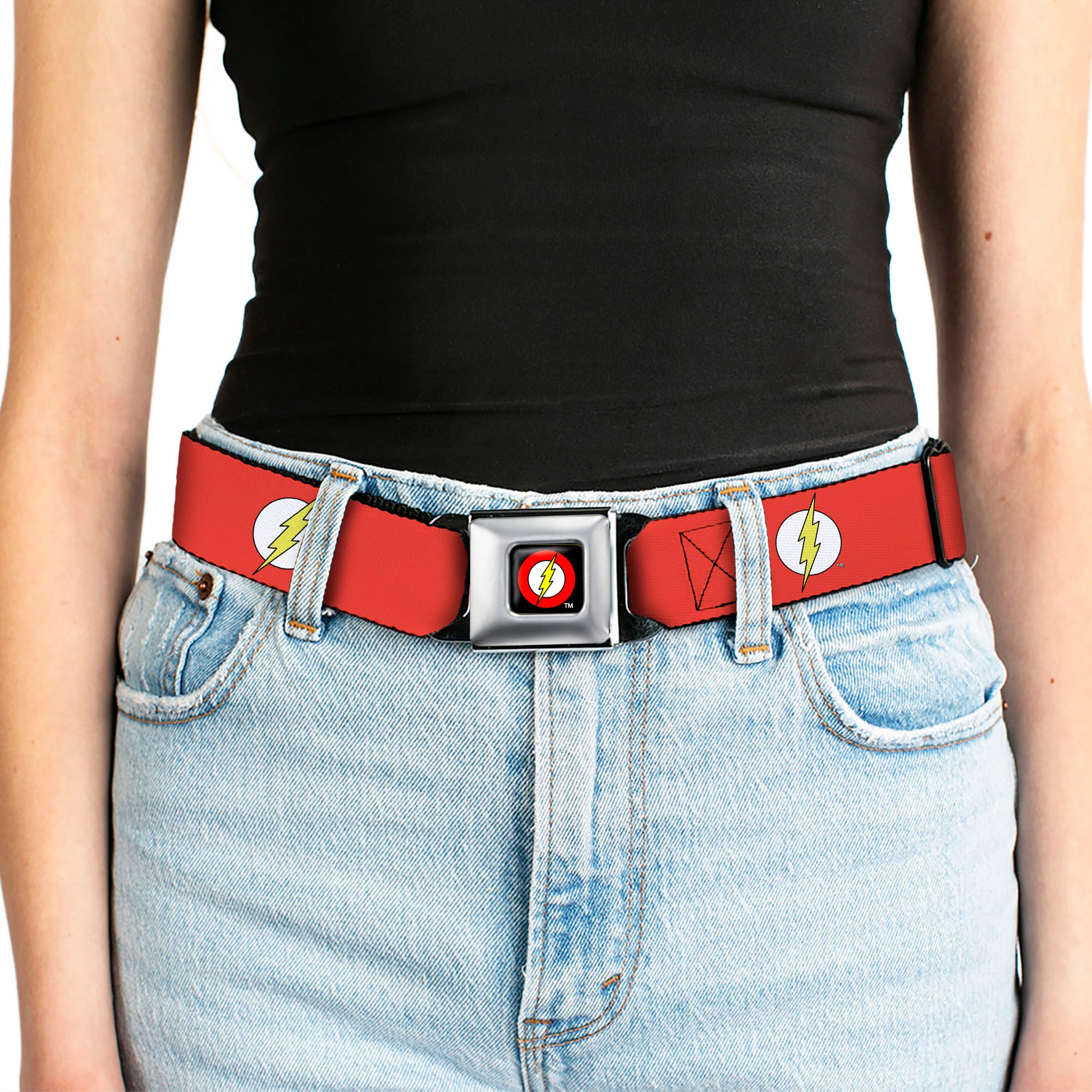Flash Logo Full Color Black Seatbelt Belt - Flash Logo Red/White/Yellow Webbing Seatbelt Belts Buckle-Down