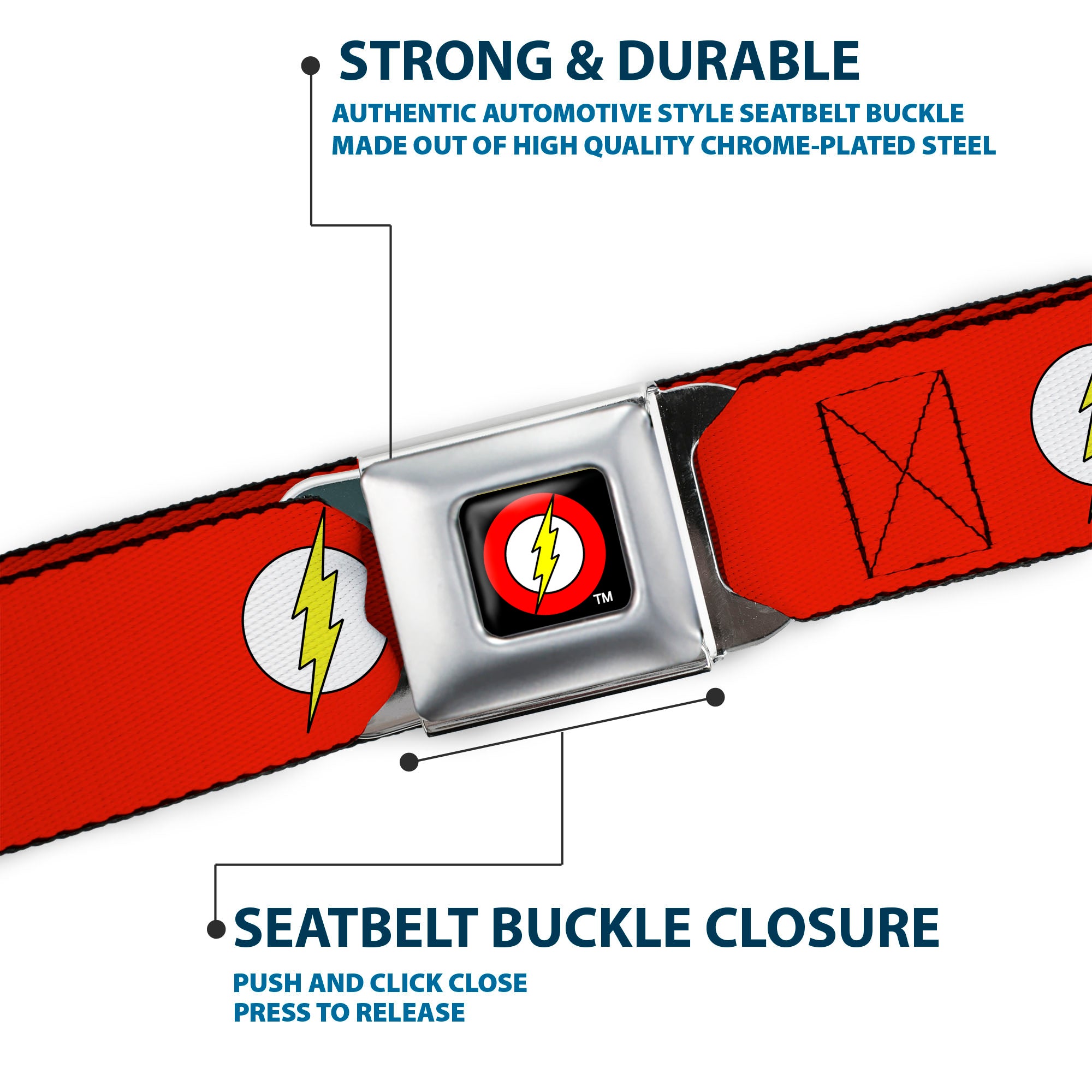 Flash Logo Full Color Black Seatbelt Belt - Flash Logo Red/White/Yellow Webbing Seatbelt Belts Buckle-Down