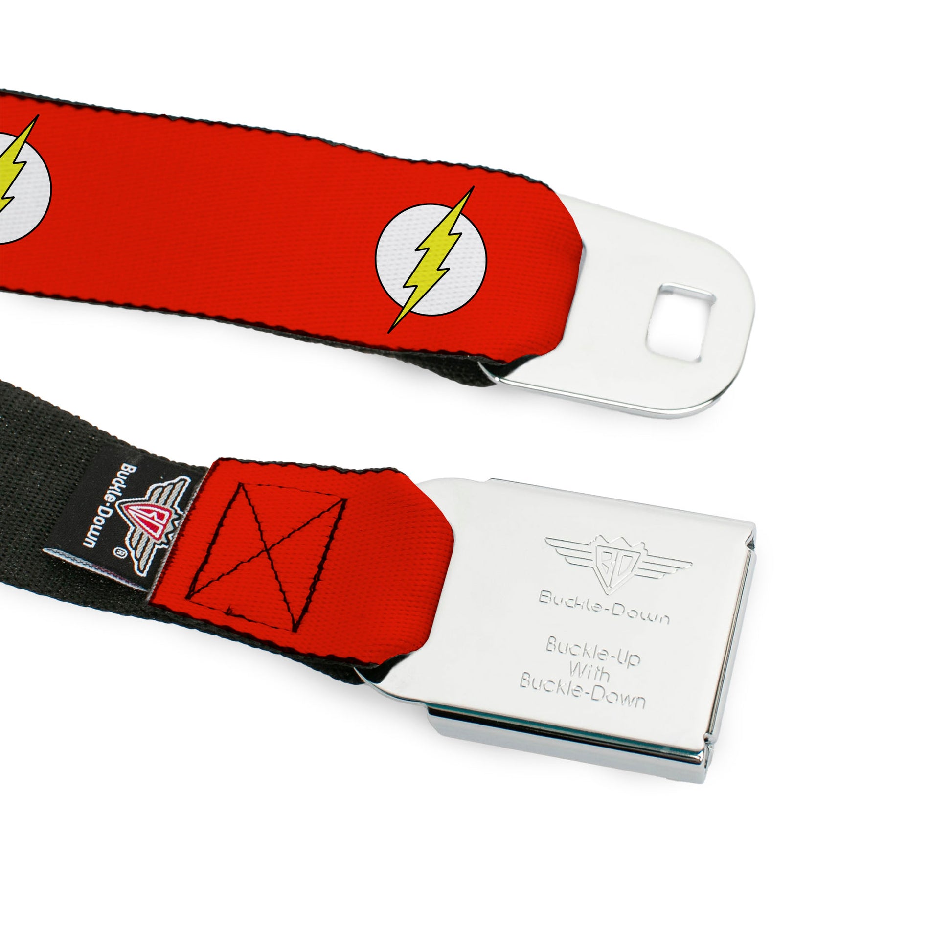Flash Logo Full Color Black Seatbelt Belt - Flash Logo Red/White/Yellow Webbing Seatbelt Belts Buckle-Down