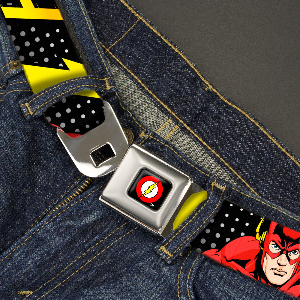 Flash Logo Full Color Black Seatbelt Belt - THE FLASH Running Action Pose/Lightning Bolt Halftone Dots Black/Grays/Yellows Webbing Seatbelt Belts DC Comics