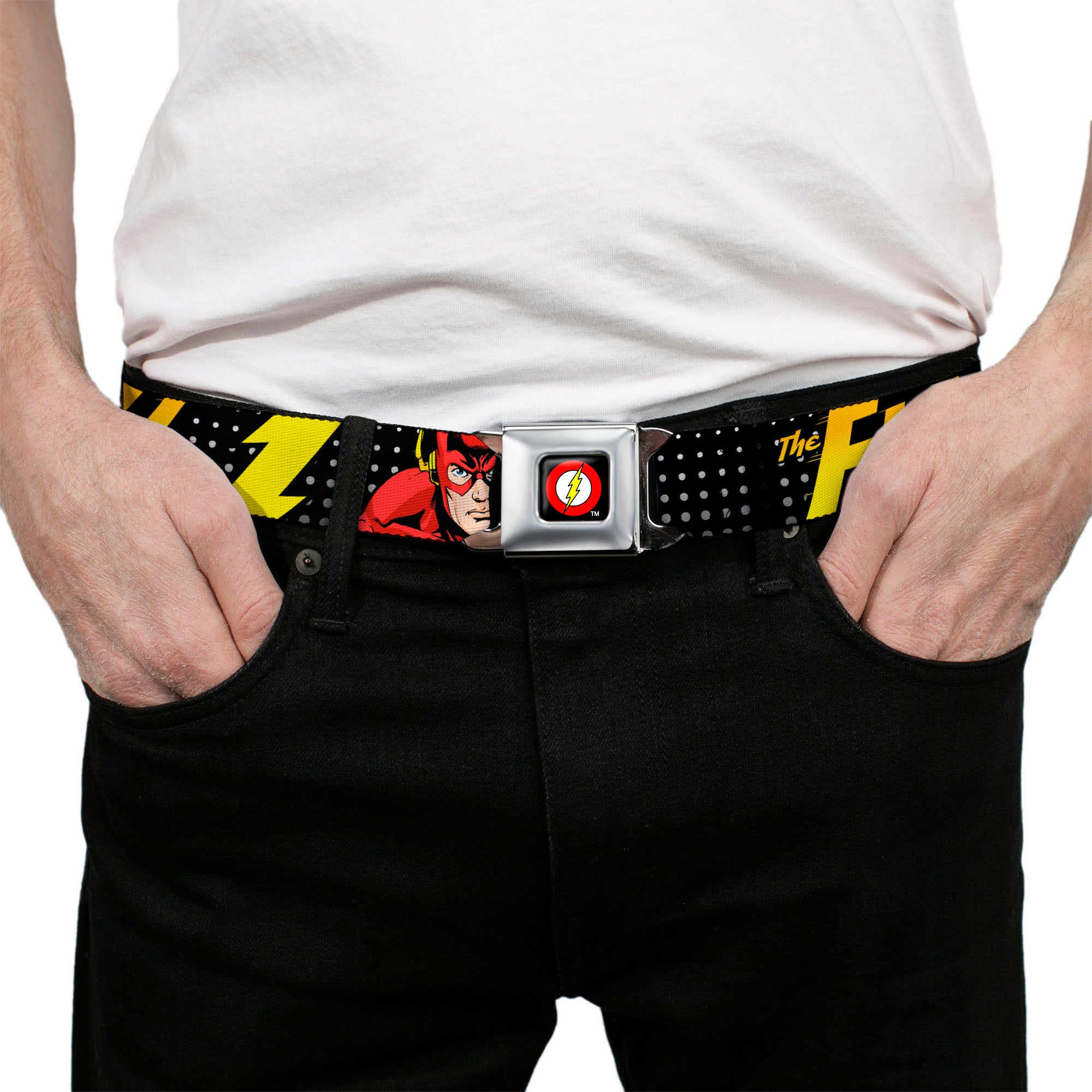 Flash Logo Full Color Black Seatbelt Belt - THE FLASH Running Action Pose/Lightning Bolt Halftone Dots Black/Grays/Yellows Webbing Seatbelt Belts DC Comics