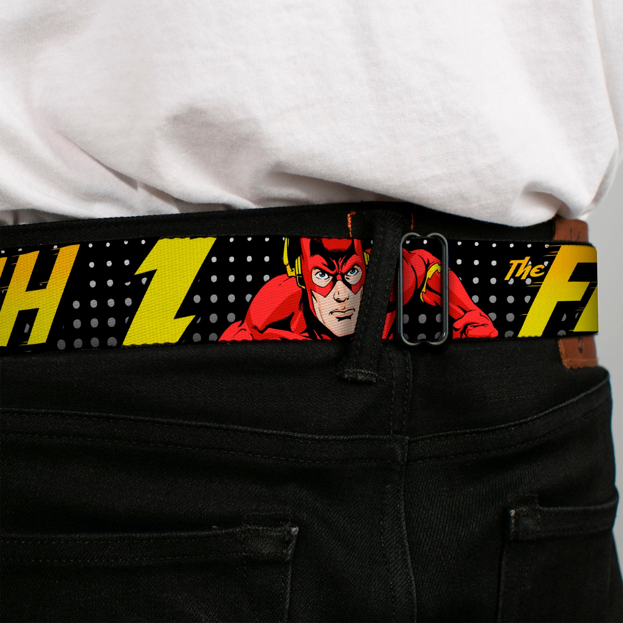 Flash Logo Full Color Black Seatbelt Belt - THE FLASH Running Action Pose/Lightning Bolt Halftone Dots Black/Grays/Yellows Webbing Seatbelt Belts DC Comics