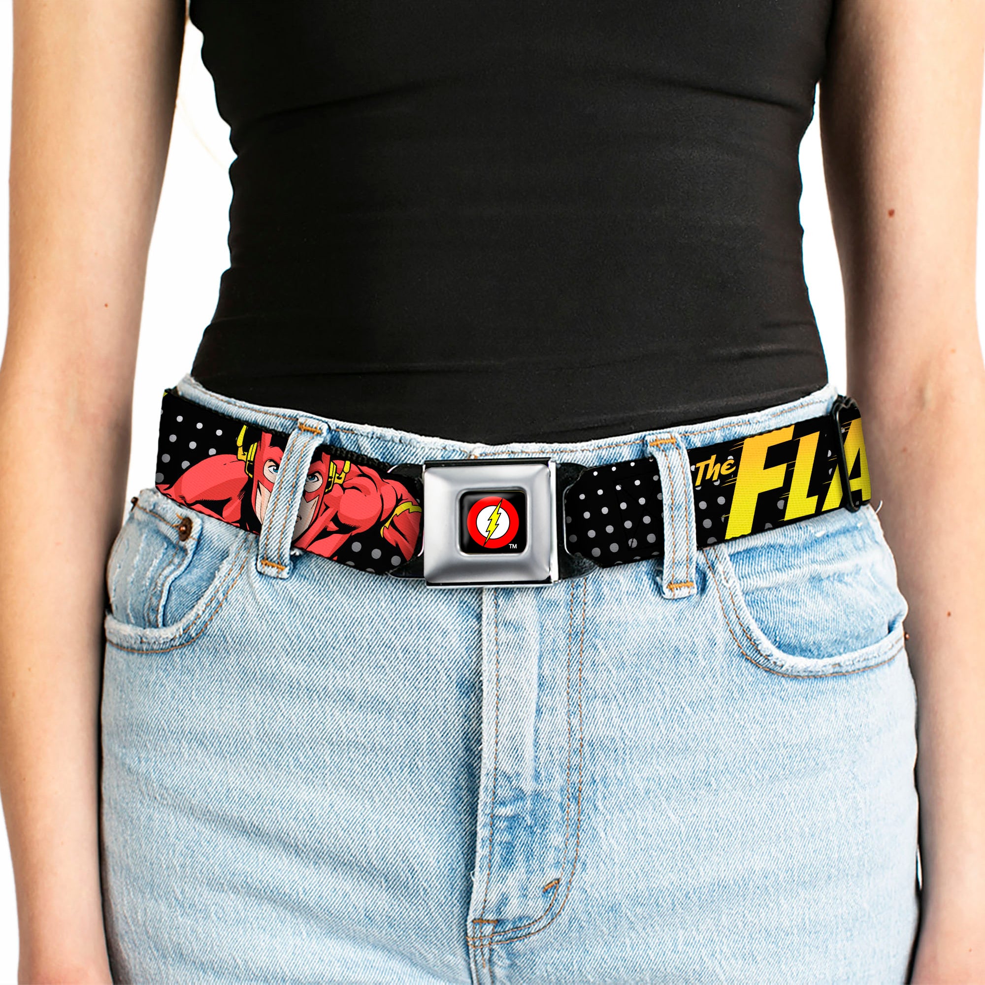 Flash Logo Full Color Black Seatbelt Belt - THE FLASH Running Action Pose/Lightning Bolt Halftone Dots Black/Grays/Yellows Webbing Seatbelt Belts DC Comics
