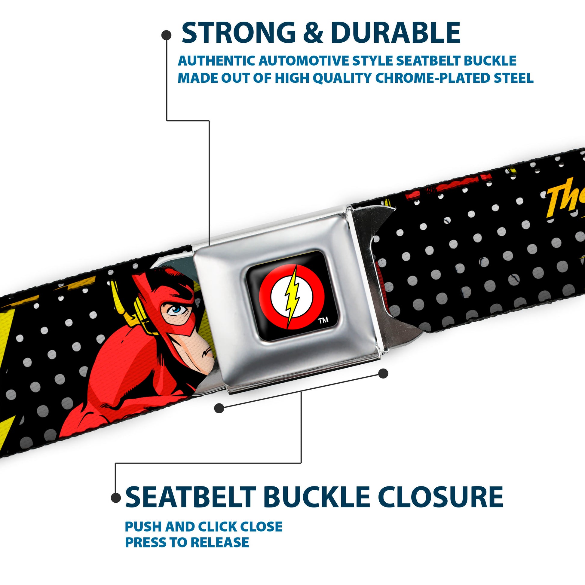 Flash Logo Full Color Black Seatbelt Belt - THE FLASH Running Action Pose/Lightning Bolt Halftone Dots Black/Grays/Yellows Webbing Seatbelt Belts DC Comics
