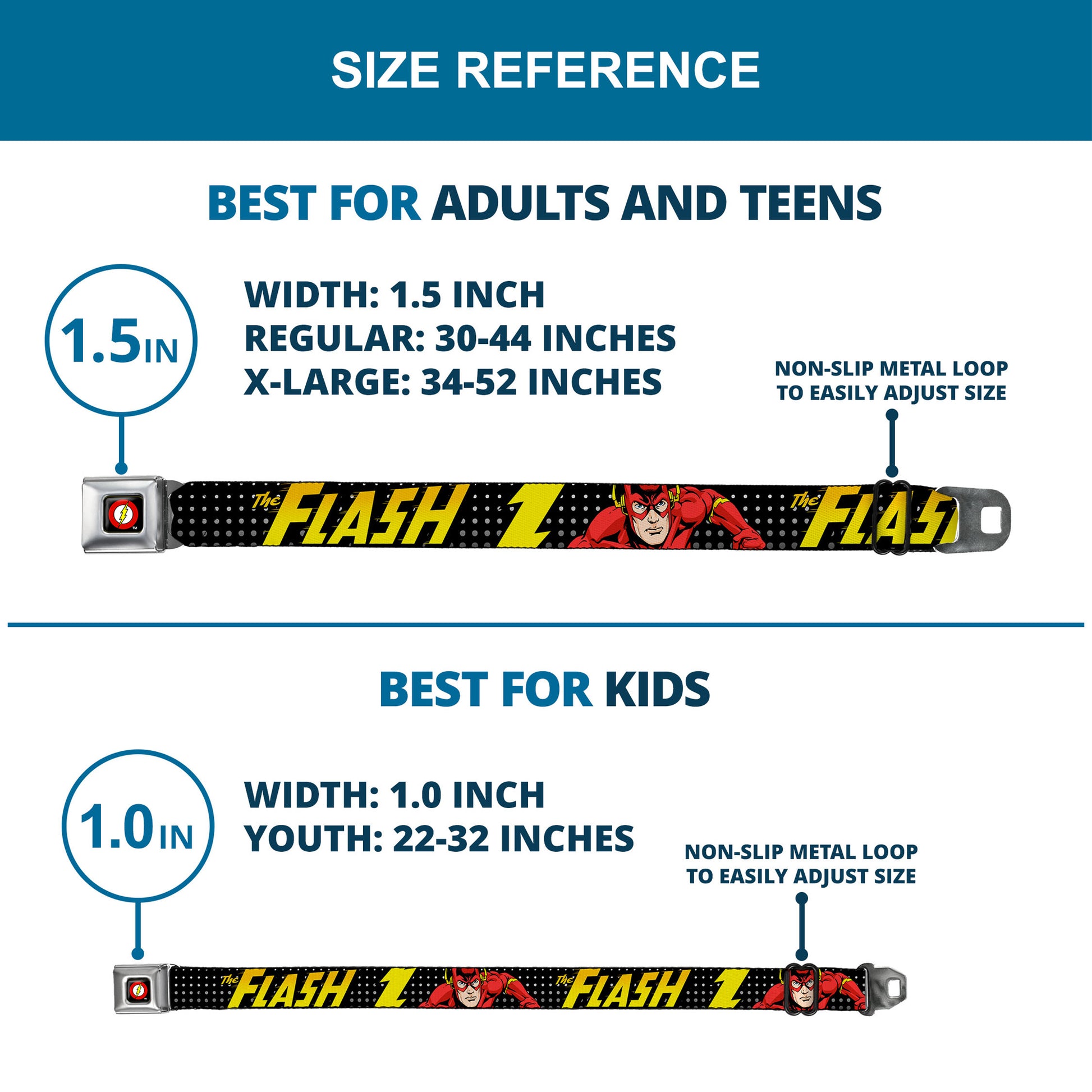 Flash Logo Full Color Black Seatbelt Belt - THE FLASH Running Action Pose/Lightning Bolt Halftone Dots Black/Grays/Yellows Webbing Seatbelt Belts DC Comics
