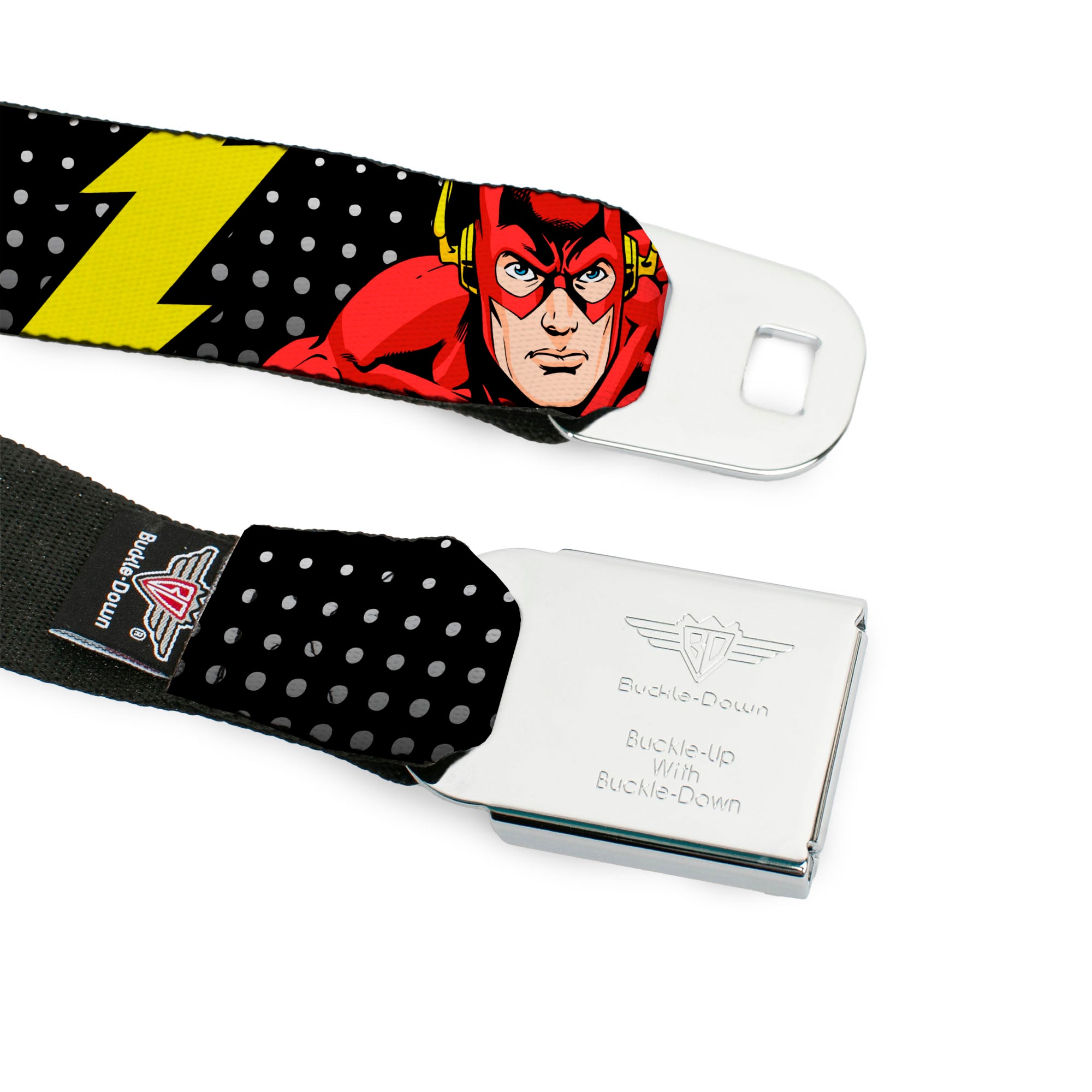 Flash Logo Full Color Black Seatbelt Belt - THE FLASH Running Action Pose/Lightning Bolt Halftone Dots Black/Grays/Yellows Webbing Seatbelt Belts DC Comics