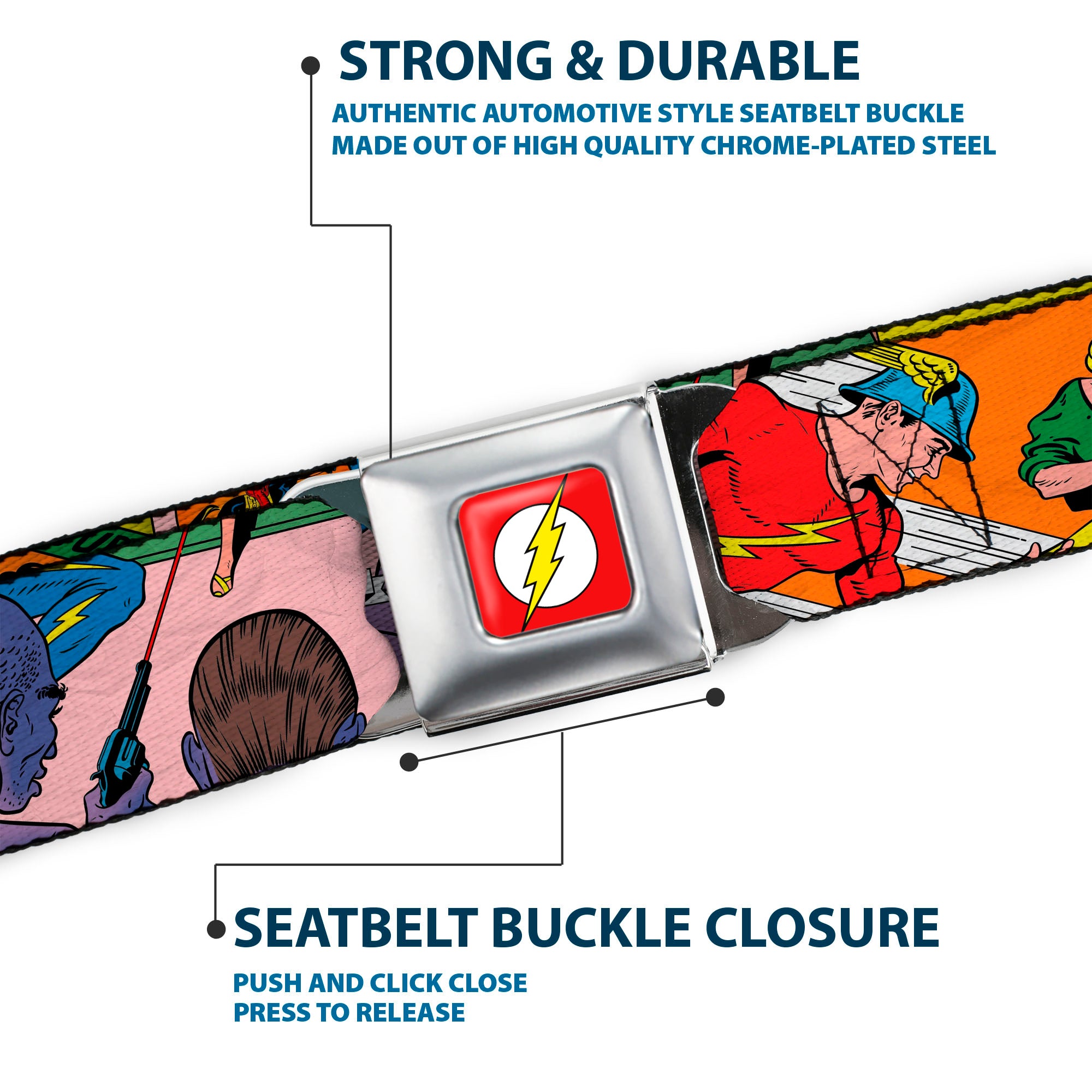 Flash Logo Full Color Red White Yellow Seatbelt Belt - Classic FLASH COMICS Issue #1 Introducing Flash Cover Pose Webbing Seatbelt Belts DC Comics