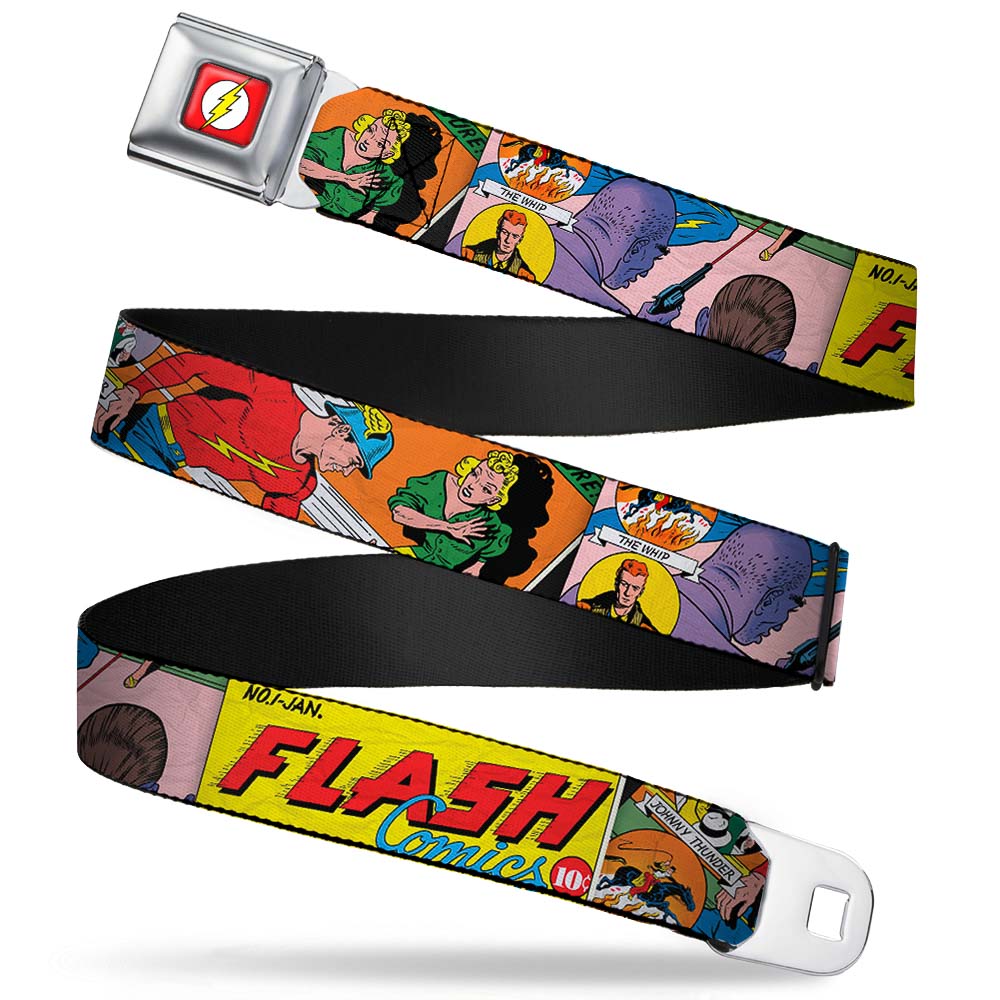 Flash Logo Full Color Red White Yellow Seatbelt Belt - Classic FLASH COMICS Issue #1 Introducing Flash Cover Pose Webbing Seatbelt Belts DC Comics