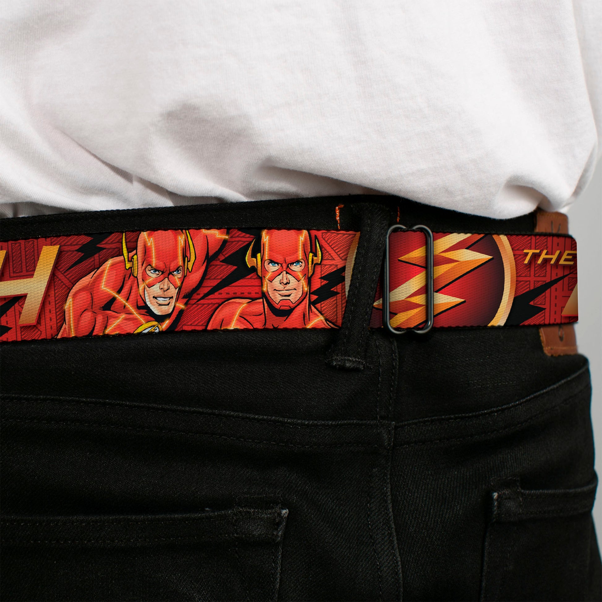 Flash Logo3 Full Color Black Gold Red Seatbelt Belt - THE FLASH/Logo3/Poses Black/Red/Gold Webbing Seatbelt Belts DC Comics
