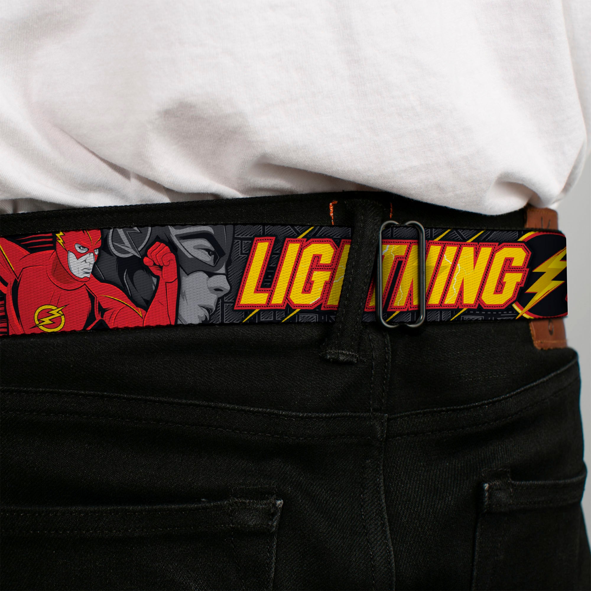 Flash Logo4 Full Color Black Yellow Red Seatbelt Belt - The Flash Running Poses LIGHTNING STRIKES Grays/Red/Yellow Webbing Seatbelt Belts DC Comics