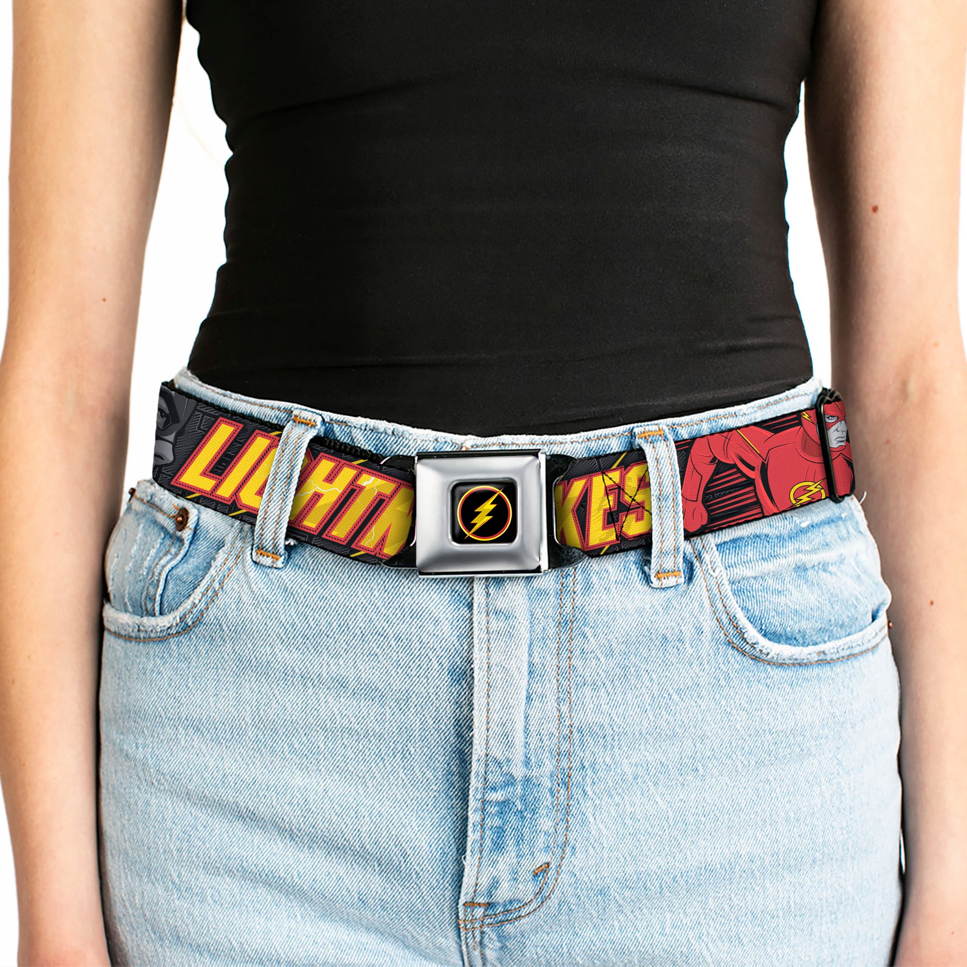 Flash Logo4 Full Color Black Yellow Red Seatbelt Belt - The Flash Running Poses LIGHTNING STRIKES Grays/Red/Yellow Webbing Seatbelt Belts DC Comics