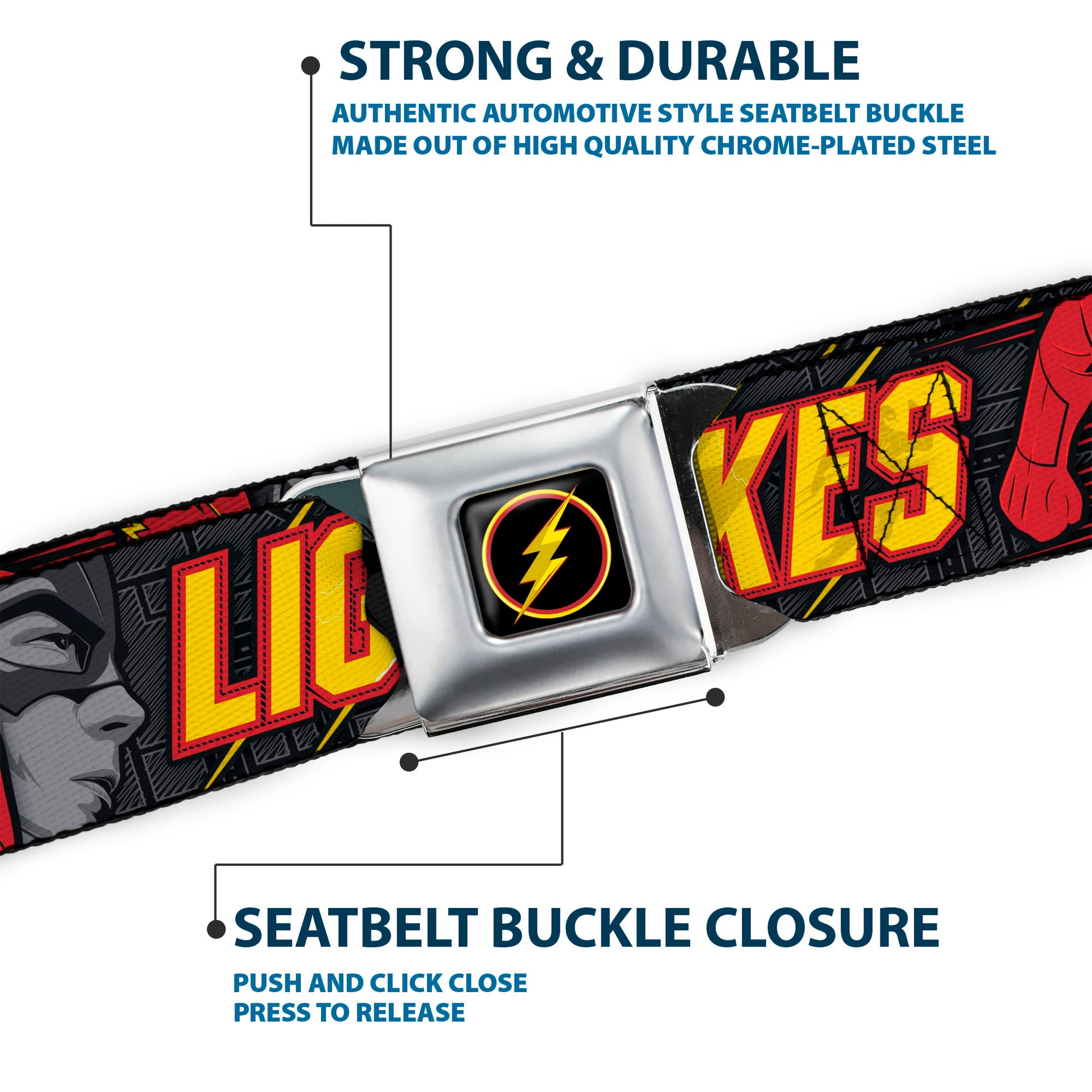 Flash Logo4 Full Color Black Yellow Red Seatbelt Belt - The Flash Running Poses LIGHTNING STRIKES Grays/Red/Yellow Webbing Seatbelt Belts DC Comics