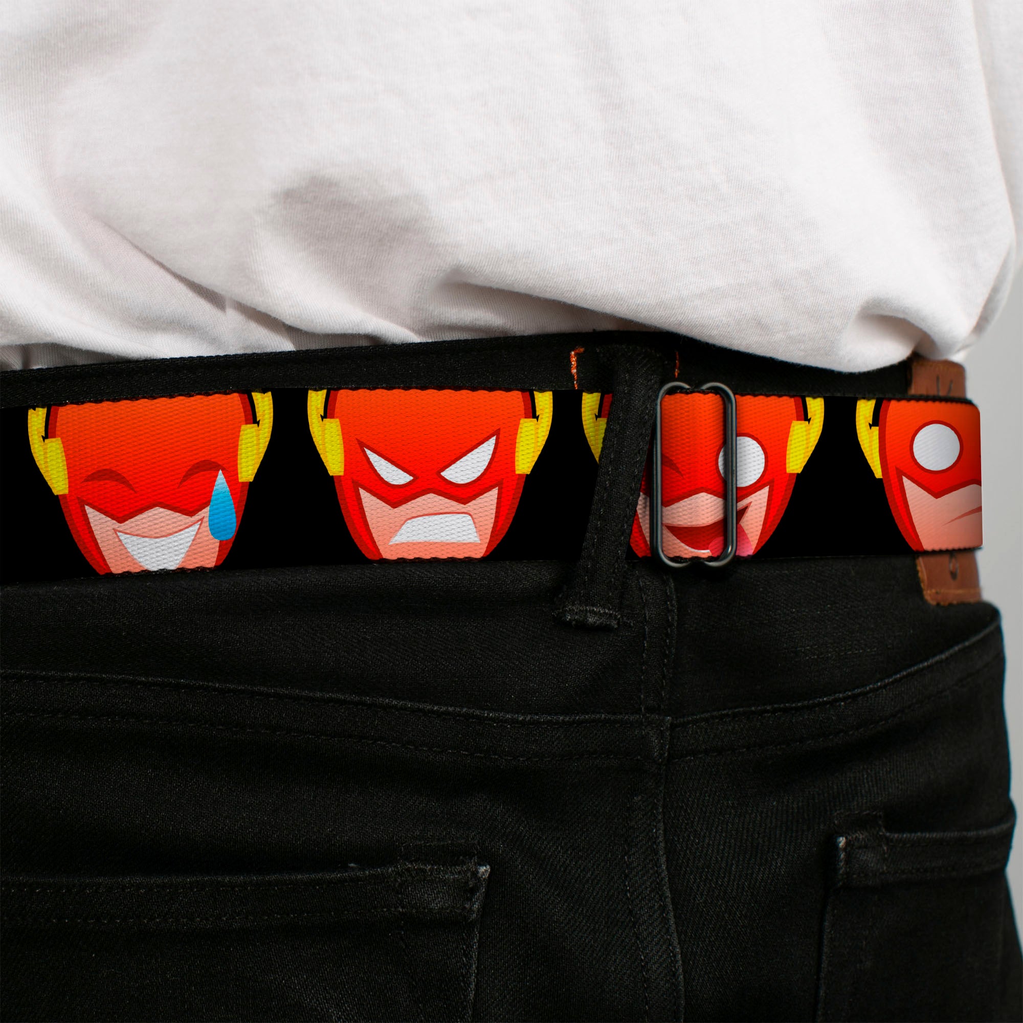 THE FLASH Full Color Red/Black/Yellow Seatbelt Belt - The Flash 5-Emoji Expressions Black Webbing Seatbelt Belts DC Comics