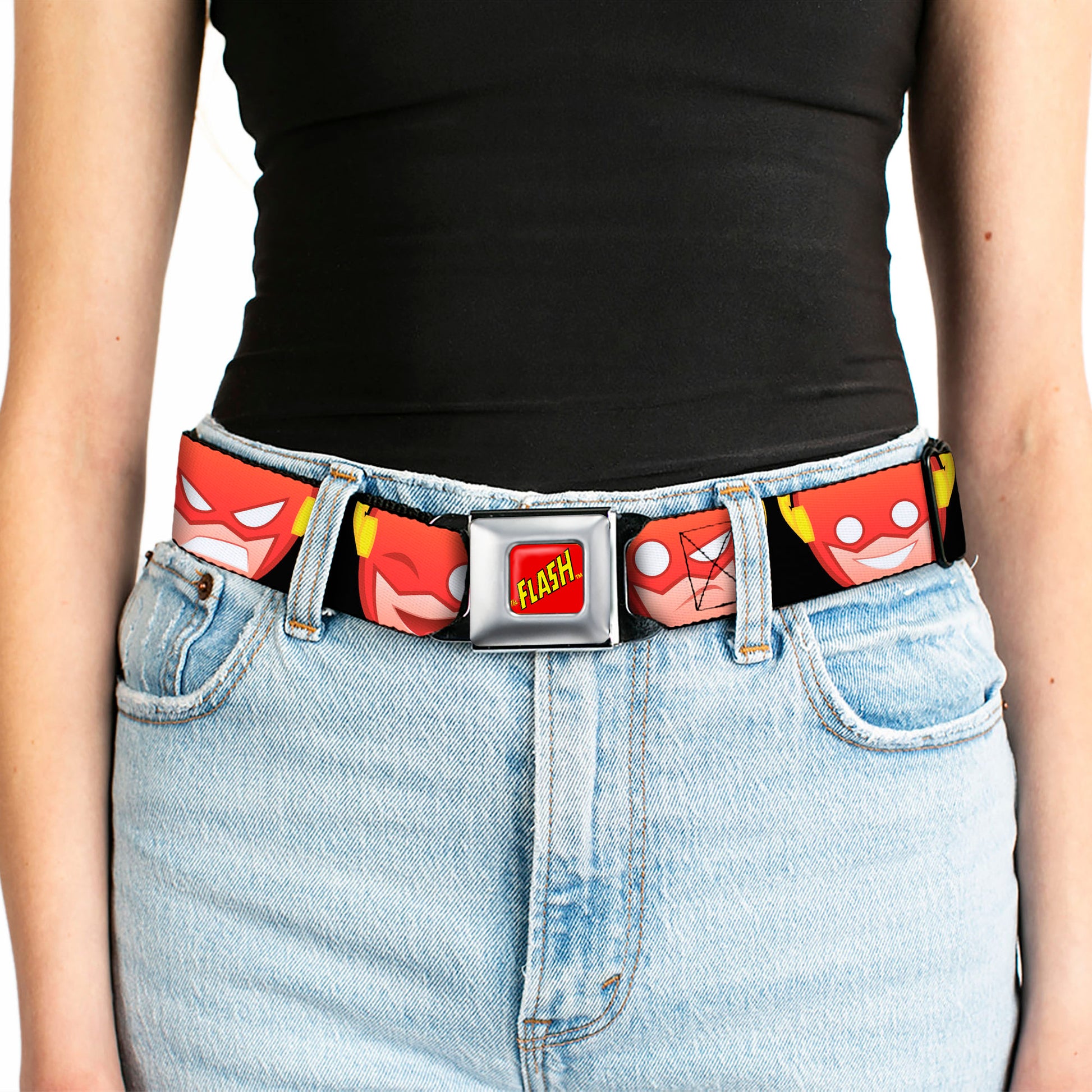THE FLASH Full Color Red/Black/Yellow Seatbelt Belt - The Flash 5-Emoji Expressions Black Webbing Seatbelt Belts DC Comics