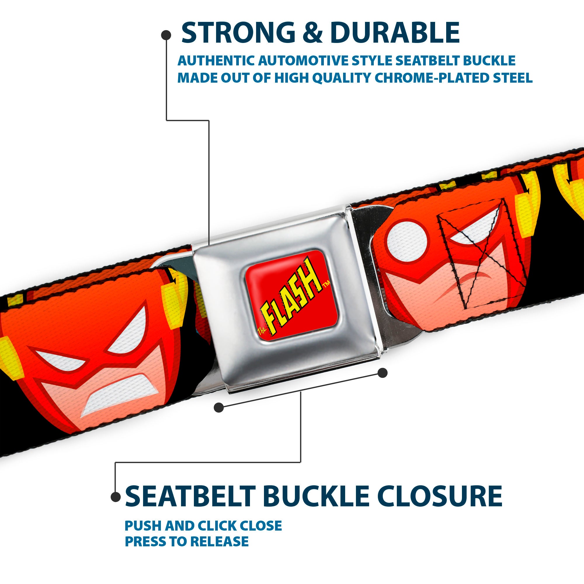 THE FLASH Full Color Red/Black/Yellow Seatbelt Belt - The Flash 5-Emoji Expressions Black Webbing Seatbelt Belts DC Comics
