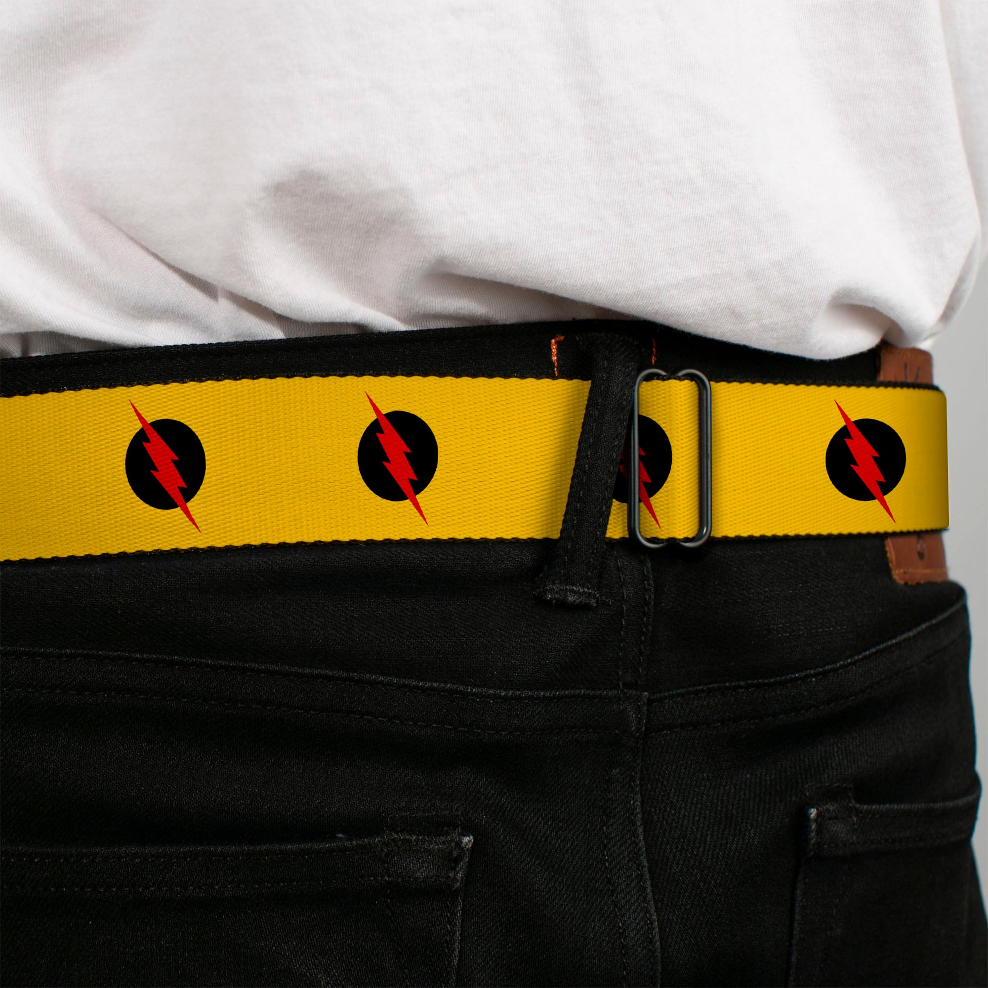 Reverse Flash Logo Full Color Golden Yellow Black Red Seatbelt Belt - Reverse Flash Logo Golden Yellow/Black/Red Webbing Seatbelt Belts DC Comics