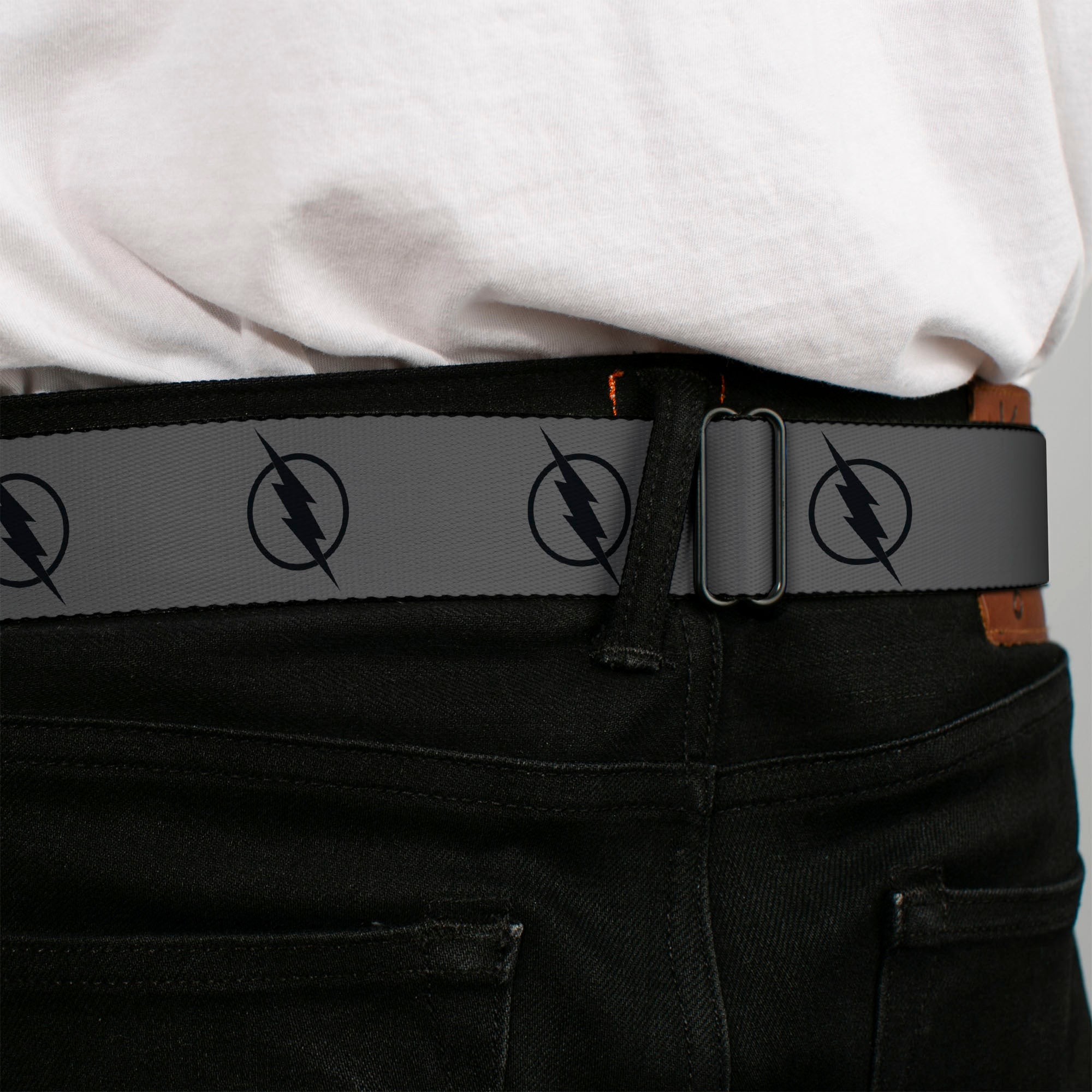 Reverse Flash Logo Full Color Gray Black Seatbelt Belt - Reverse Flash Logo Gray/Black Webbing Seatbelt Belts DC Comics