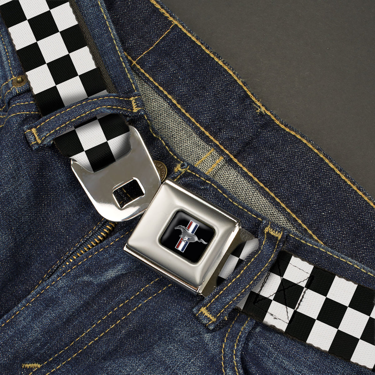 Ford Mustang Seatbelt Belt - Checker Black/White Webbing Seatbelt Belts Ford
