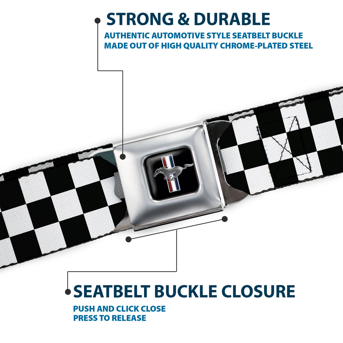 Ford Mustang Seatbelt Belt - Checker Black/White Webbing Seatbelt Belts Ford