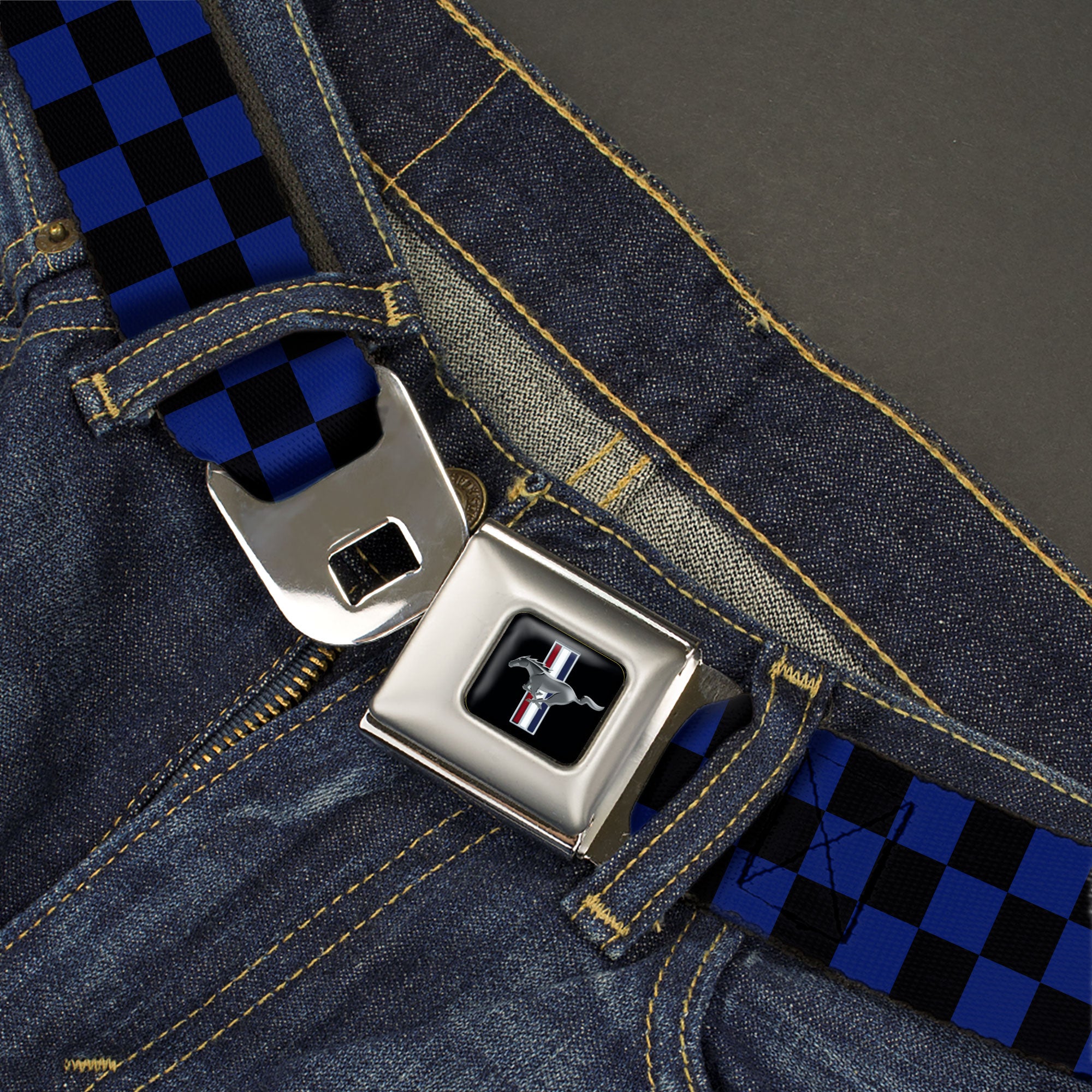 Ford Mustang Emblem Seatbelt Belt - Checker Black/Blue Webbing Seatbelt Belts Ford