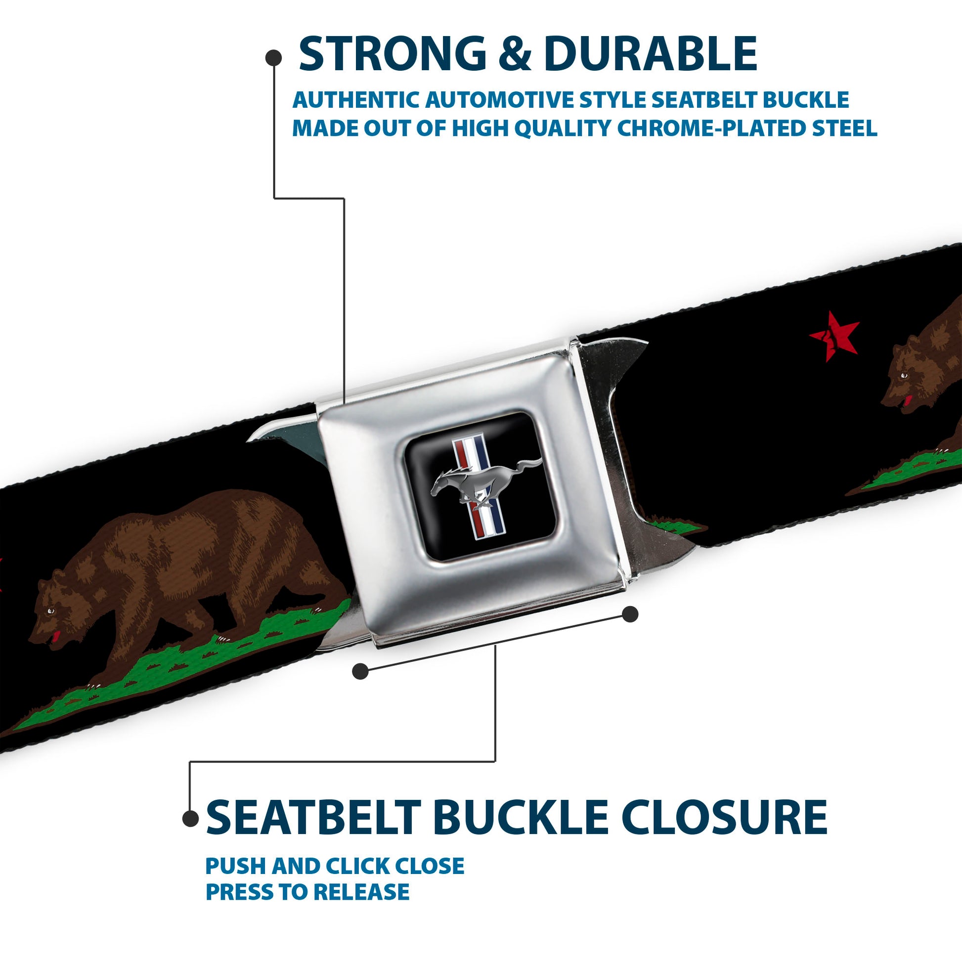 Ford Mustang Seatbelt Belt - California Flag Bear Black Webbing Seatbelt Belts Buckle-Down